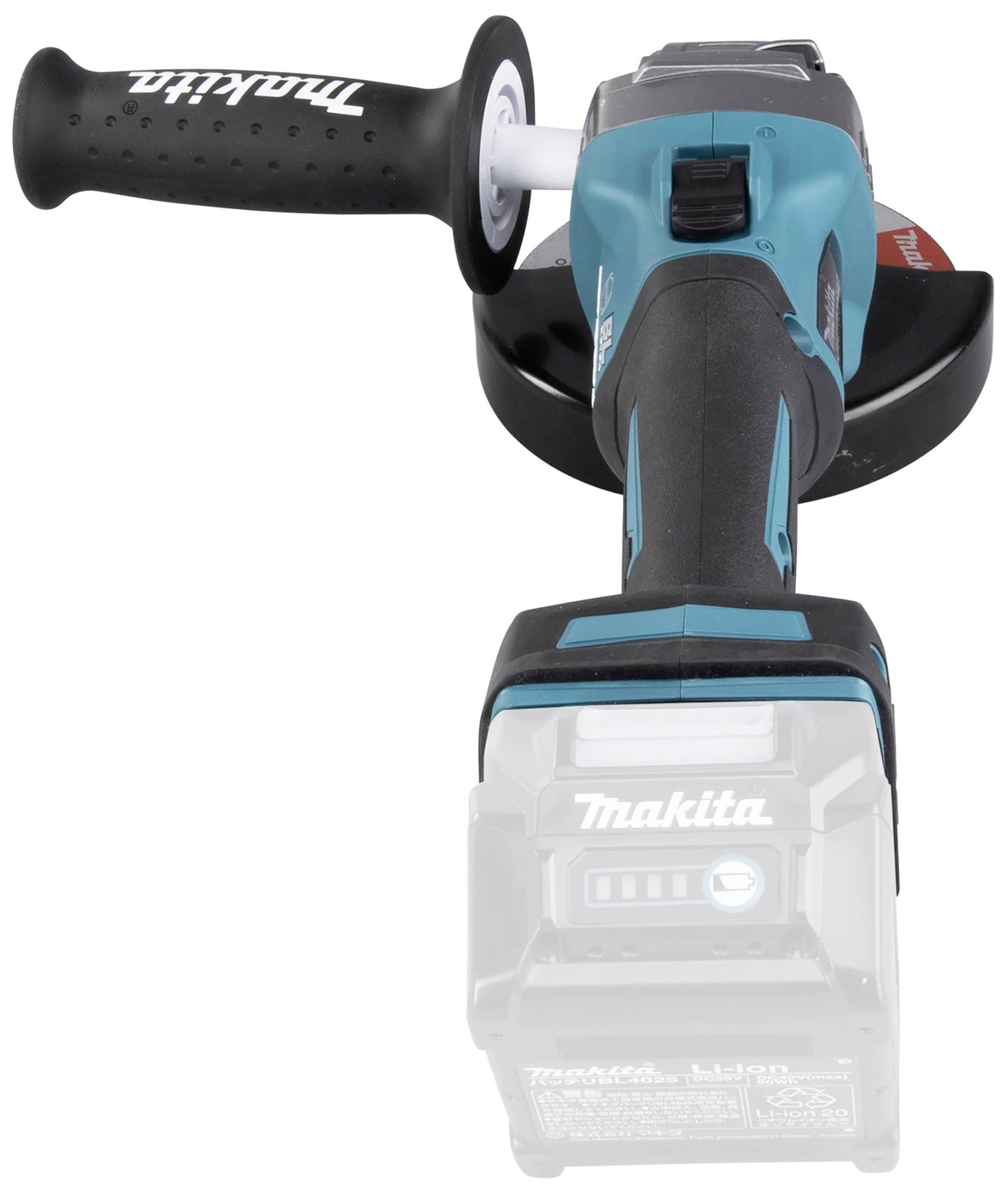 Akku-Winkelschleifer von Makita, Ansicht von vorne. Ergonomischer Griff, kompakte Bauweise, geeignet für Schleifarbeiten.