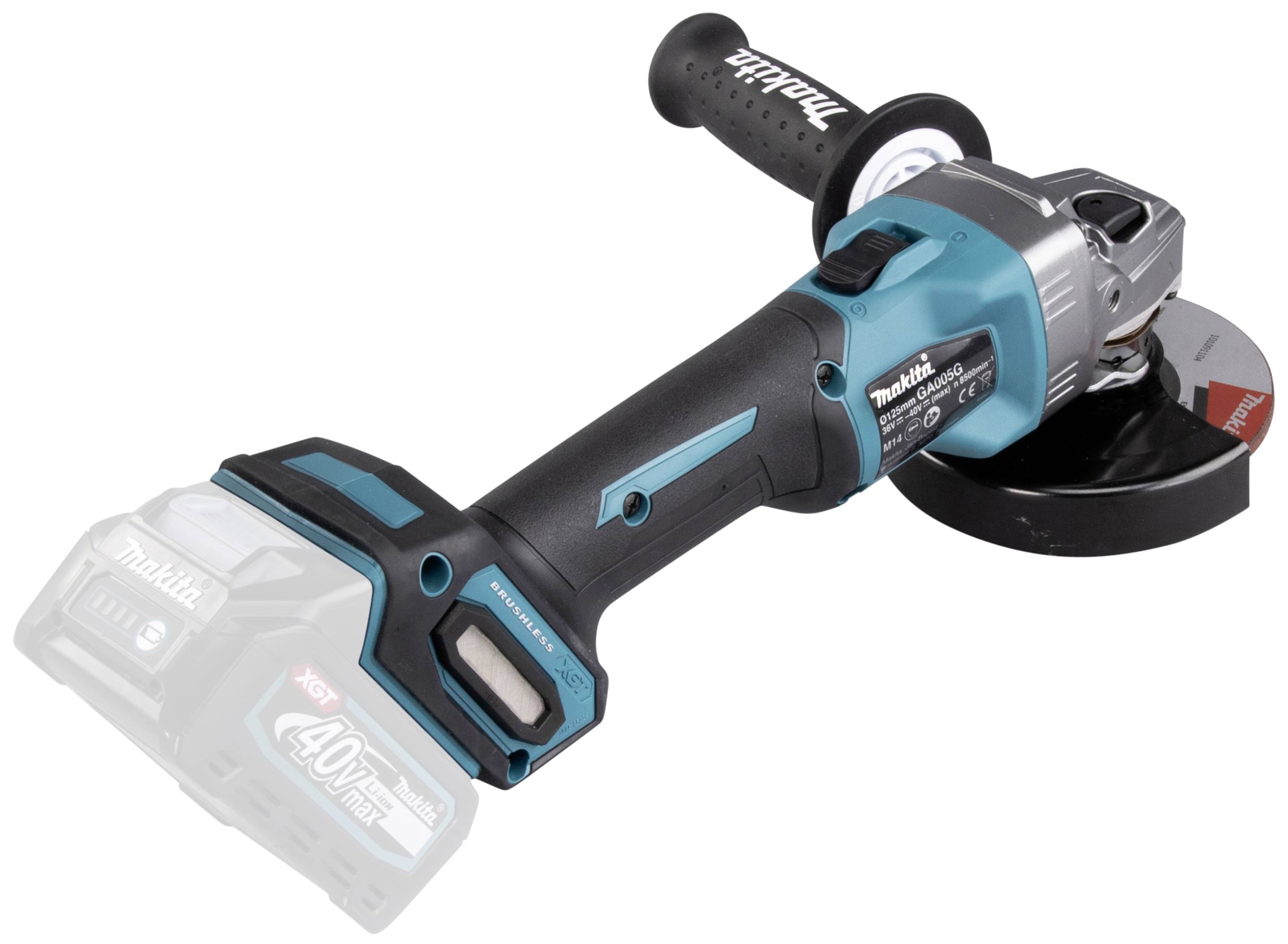 Ein kabelloser Winkelschleifer, Makita-Design, mit einem schwarzen Handgriff und blauer Verkleidung. Batterie nicht enthalten.