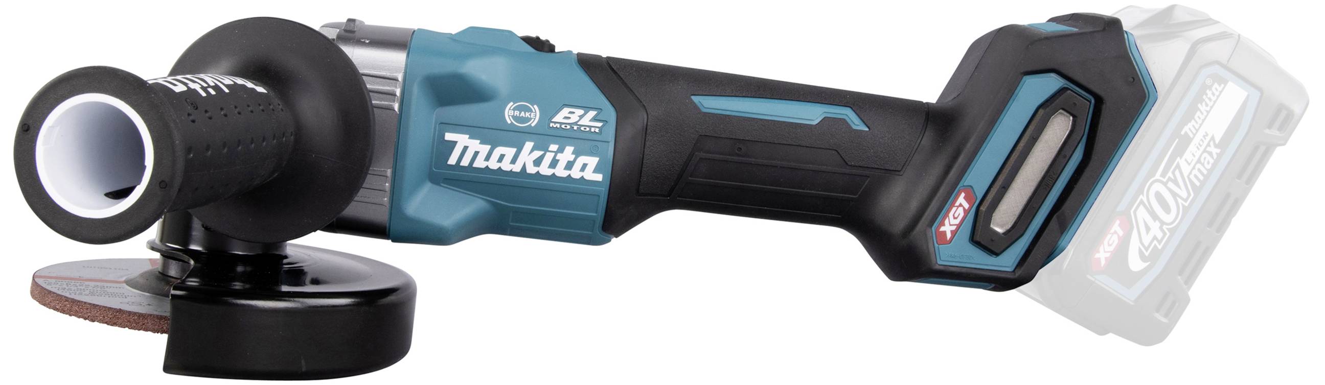 Akkubetriebener Winkelschleifer von Makita, schwarz und türkis, mit austauschbarem Akku. Geeignet für Metall- und Schleifarbeiten.