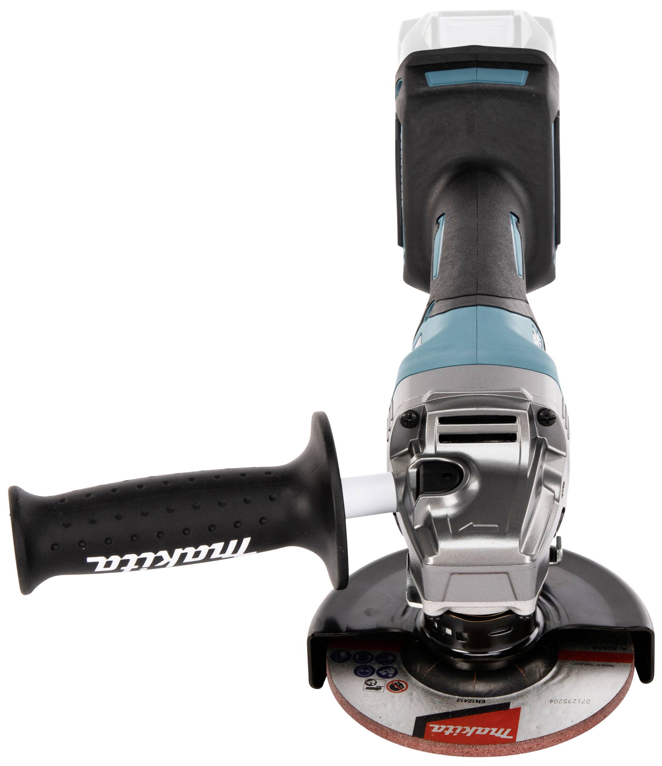 Ein kabelloser Winkelschleifer mit blau-schwarzem Gehäuse und seitlichem Griff, ausgelegt für vielseitige Schleif- und Schneidarbeiten.