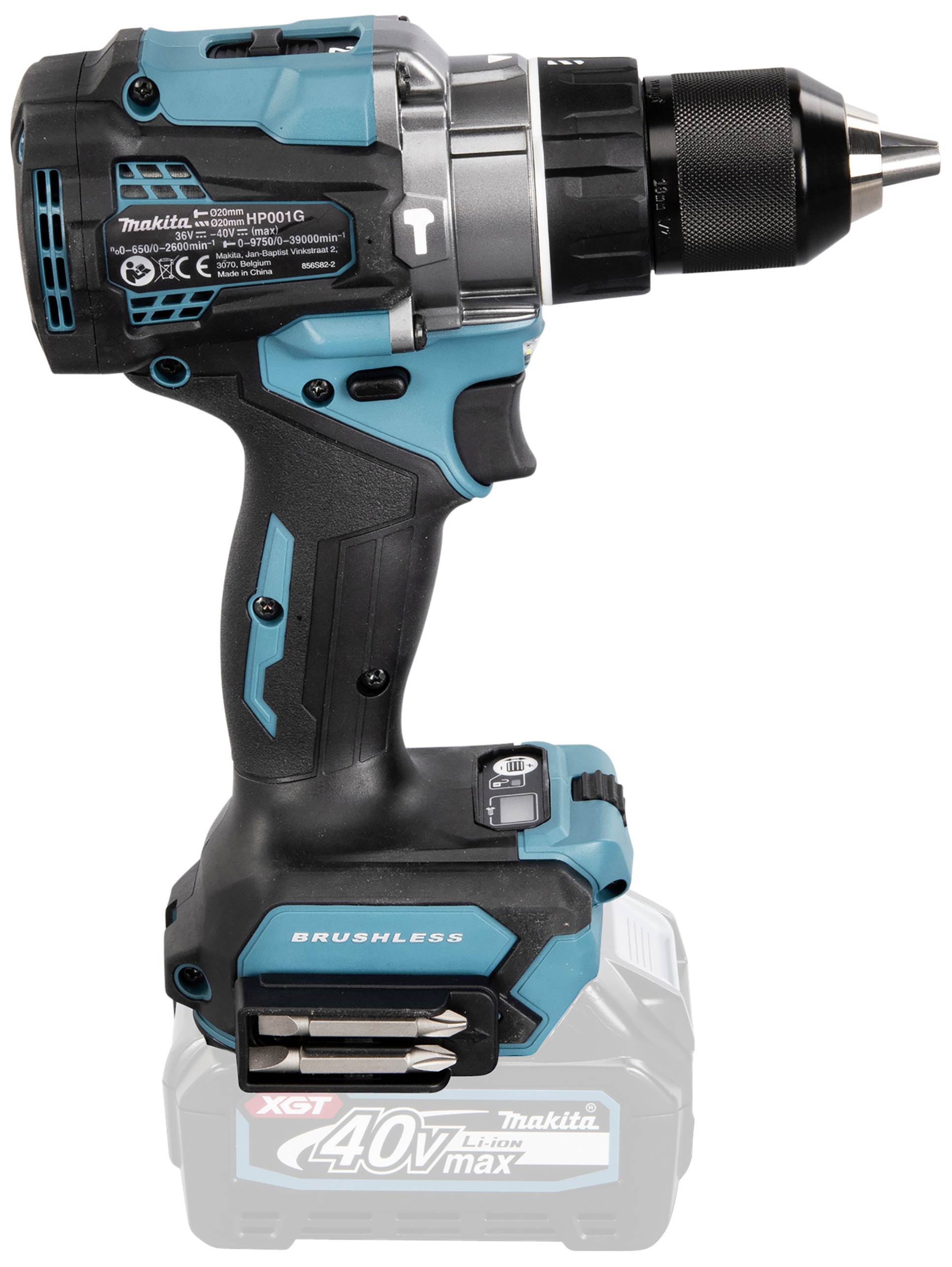 Bohrmaschine in Türkis und Schwarz, kabellos mit Akku, Bürstenloser Motor, Seitenansicht. Markierung auf Akku: '40V max'.