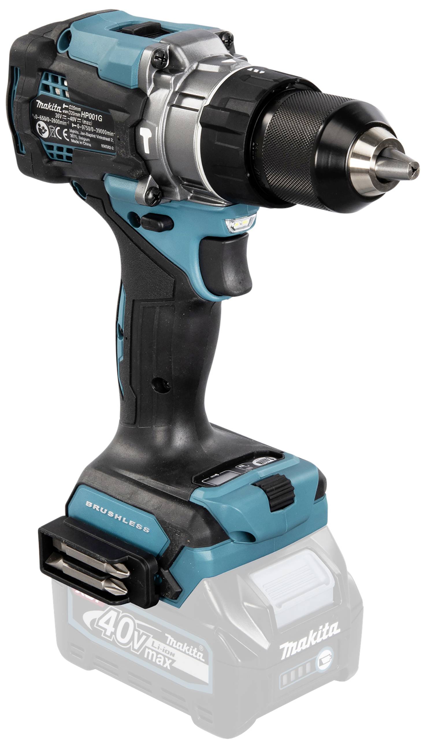 Akkuschrauber von Makita mit ergonomischem Griff, brushless Motor und 40V max Batterie, in schwarz-blauer Farbgebung.