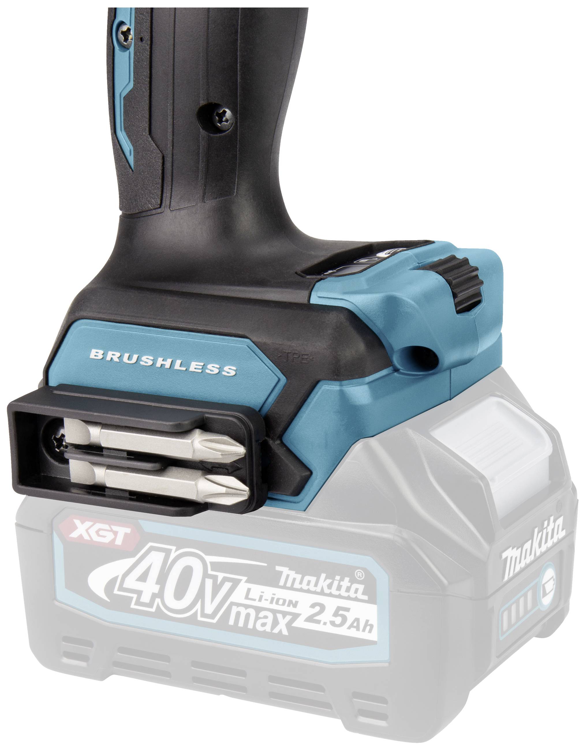 Schwarz-blauer Akkuschraubergriff mit 'BRUSHLESS'-Aufschrift und Fach für Bohrköpfe, lithium-ion Batterieetiquette sichtbar.