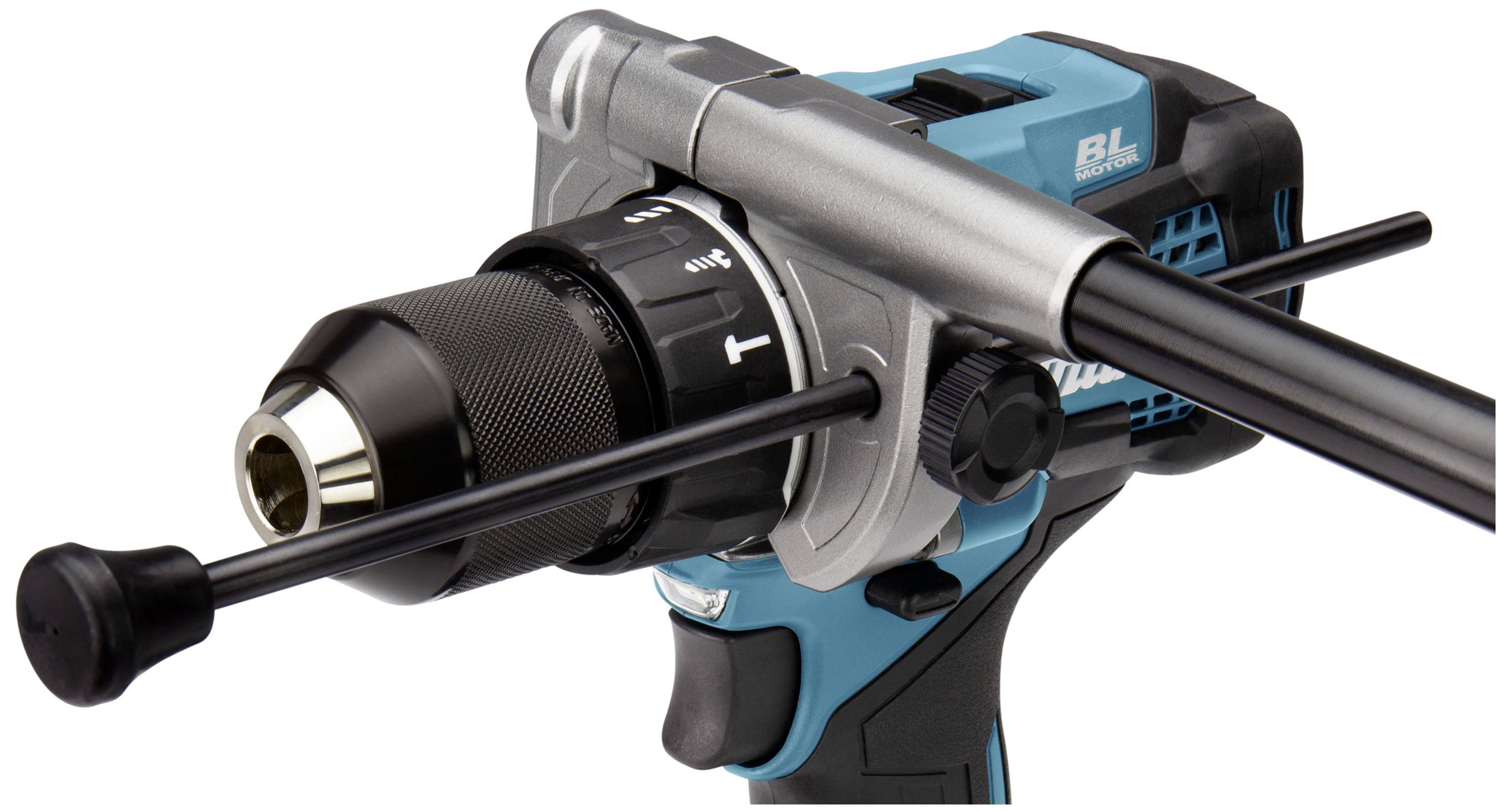 Ein elektrischer Bohrhammer mit blau-schwarzem Gehäuse, Metallbohrkopf und seitlichem Griff für festen Halt.