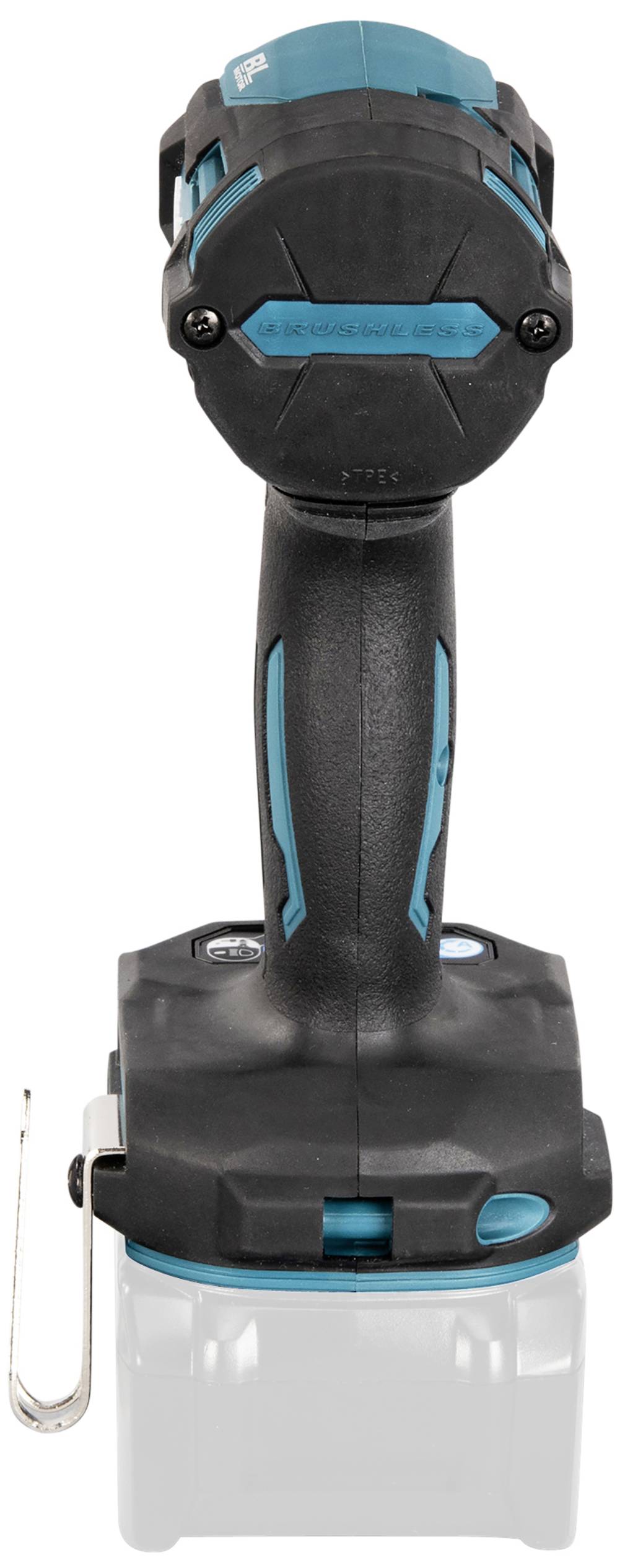 Ein kabelloses Elektrogerät mit ergonomischem Griff und blau-schwarzem Design steht aufrecht. Unten ist ein transparenter Akkupack sichtbar.