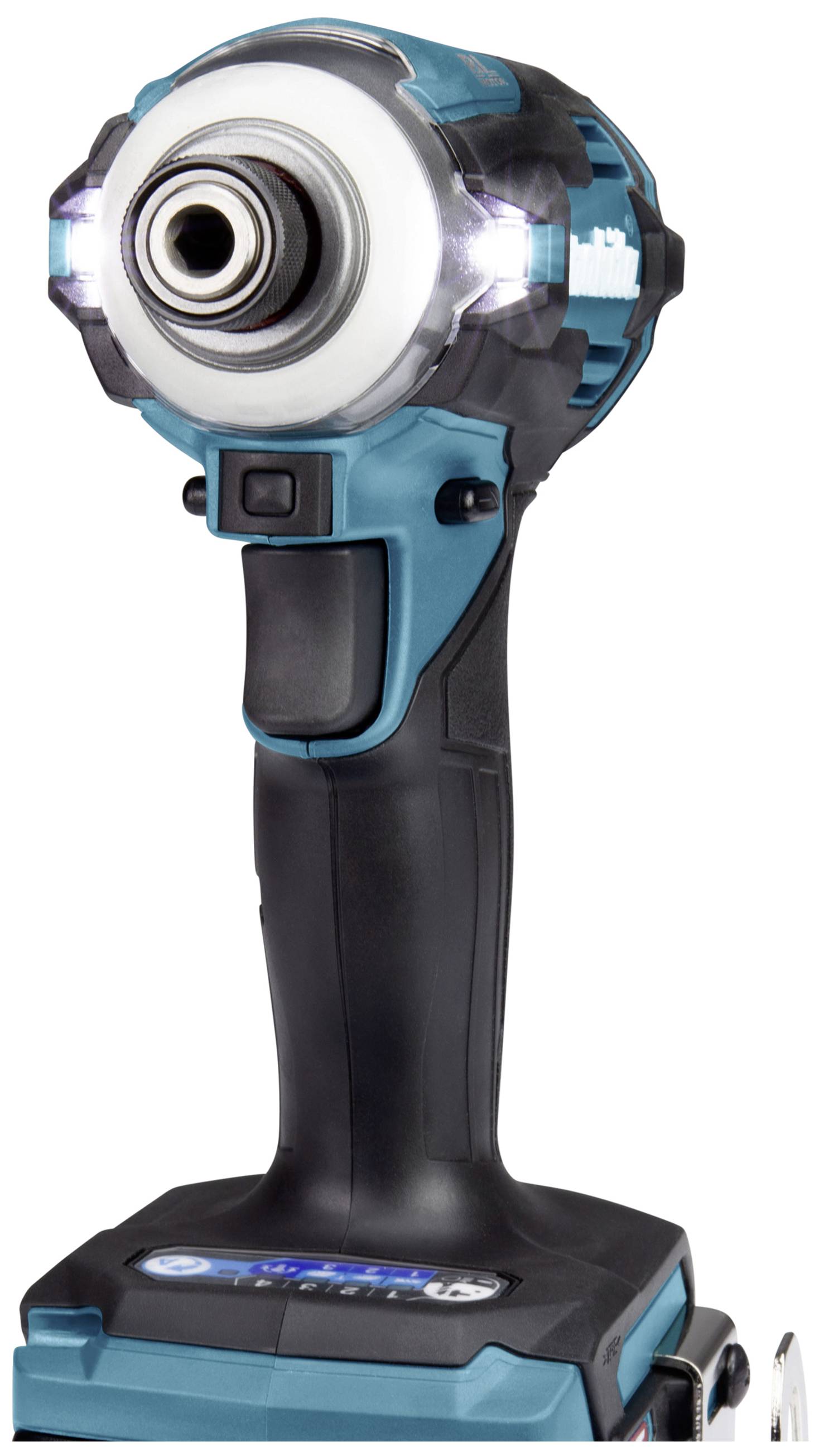 Ein akkubetriebener Schlagschrauber in Blau und Schwarz, dargestellt mit Licht am Kopf und einem ergonomischen Griff.