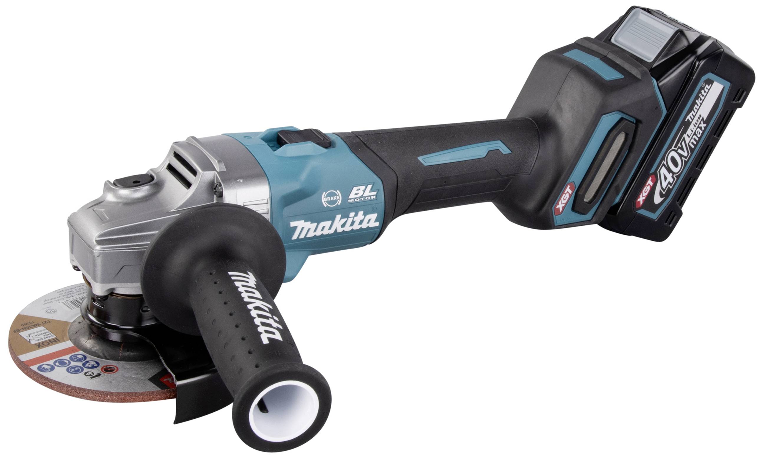 Akku-Winkelschleifer von Makita, Modell mit blauem und schwarzem Gehäuse, großem Seitengriff und 40-Volt-Batterie.