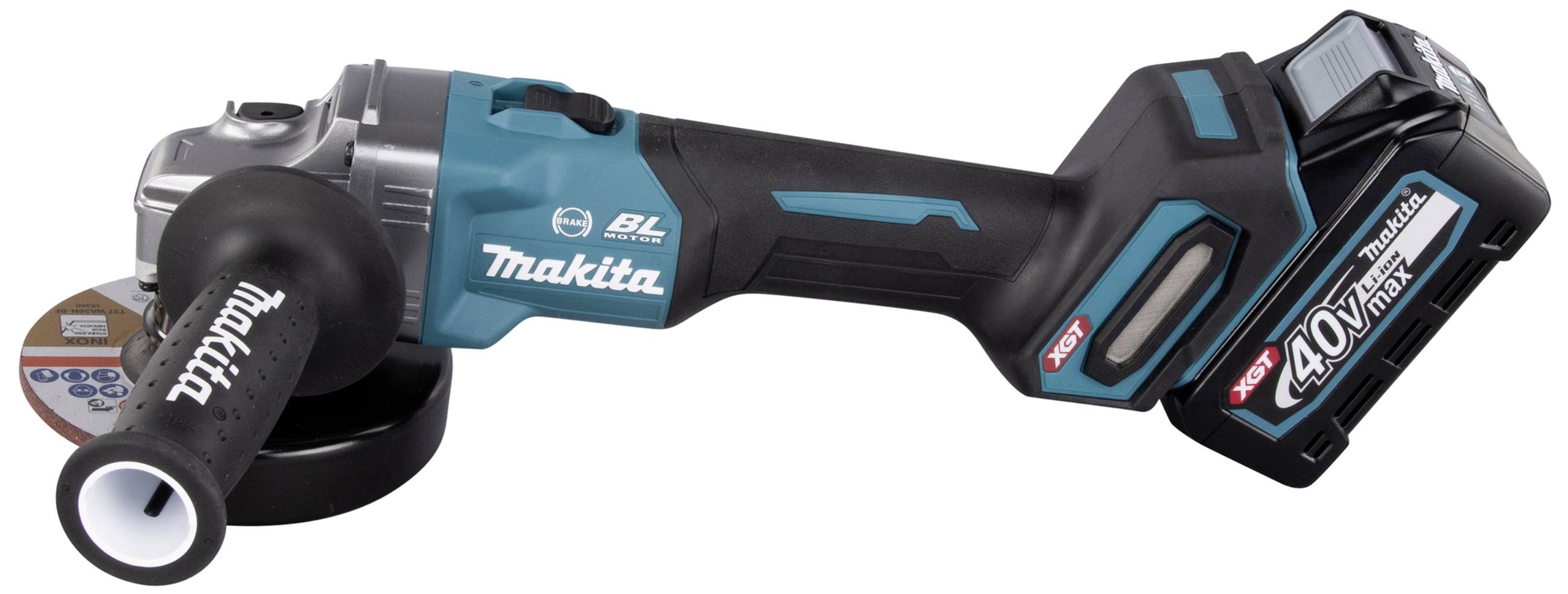 Eine kabellose blaue und schwarze Winkelschleifermaschine mit 40V-Akku, gezeigt von der Seite auf weißem Hintergrund.