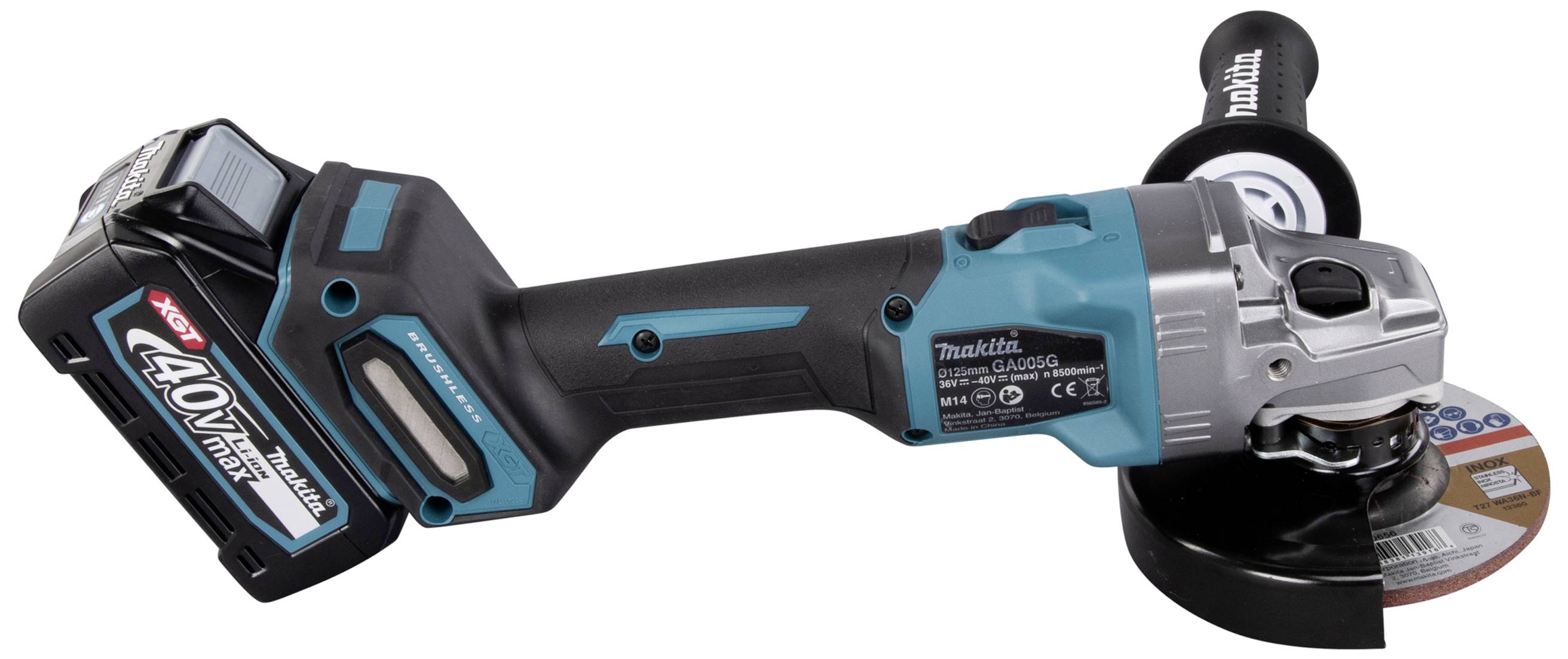 Ein kabelloser Winkelschleifer mit einem 40V Akku, geeignet zum Schleifen und Schneiden von Materialien.