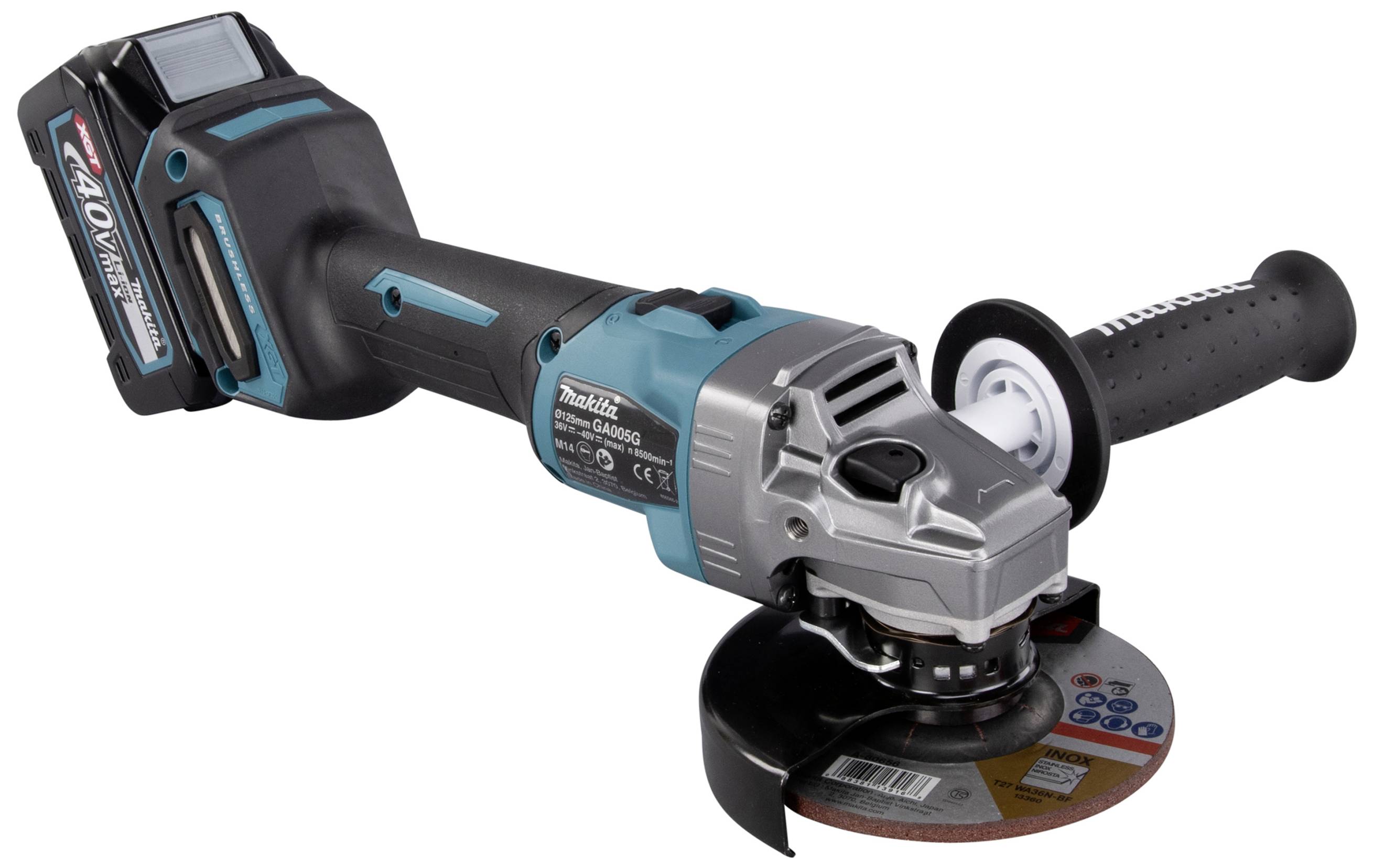 Ein kabelloser Winkelschleifer mit Lithium-Ionen-Akku, schwarzem Griff und blauer Verkleidung. Markenlogo ist sichtbar.
