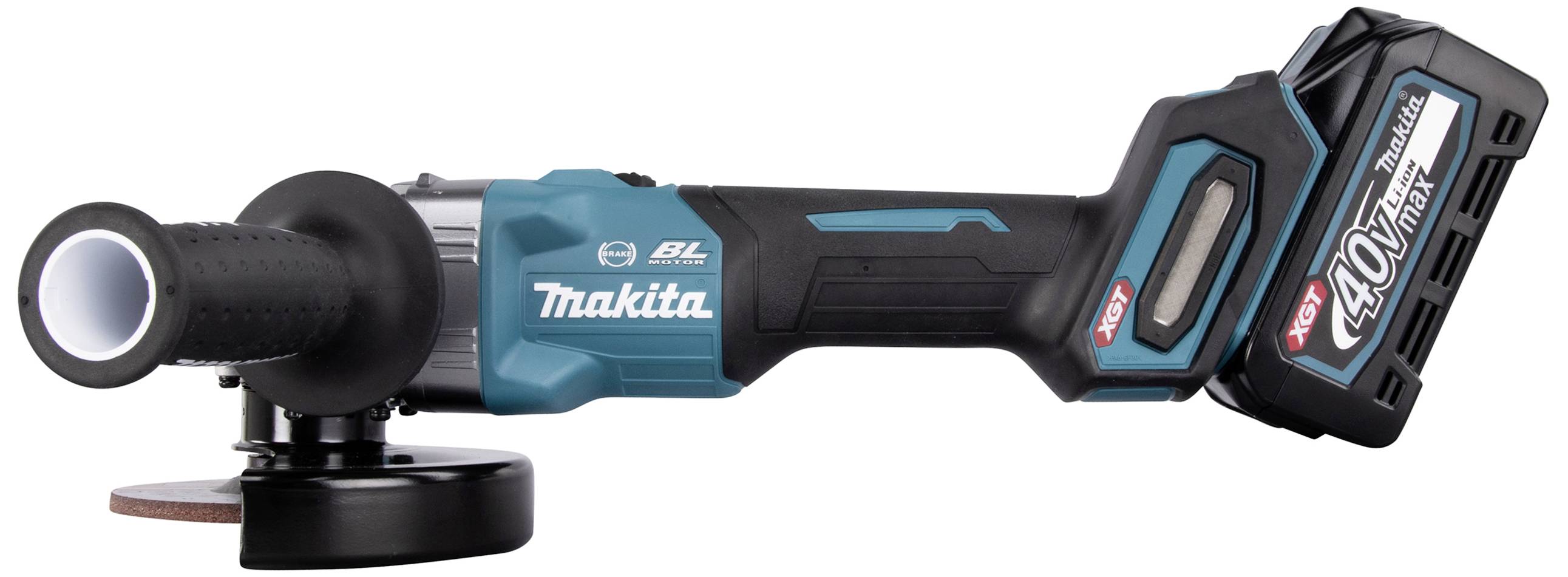 Eine kabellose Winkelschleifer mit Makita-Logo, ausgerüstet mit einem leistungsstarken Akku, geeignet für diverse Schleifarbeiten.