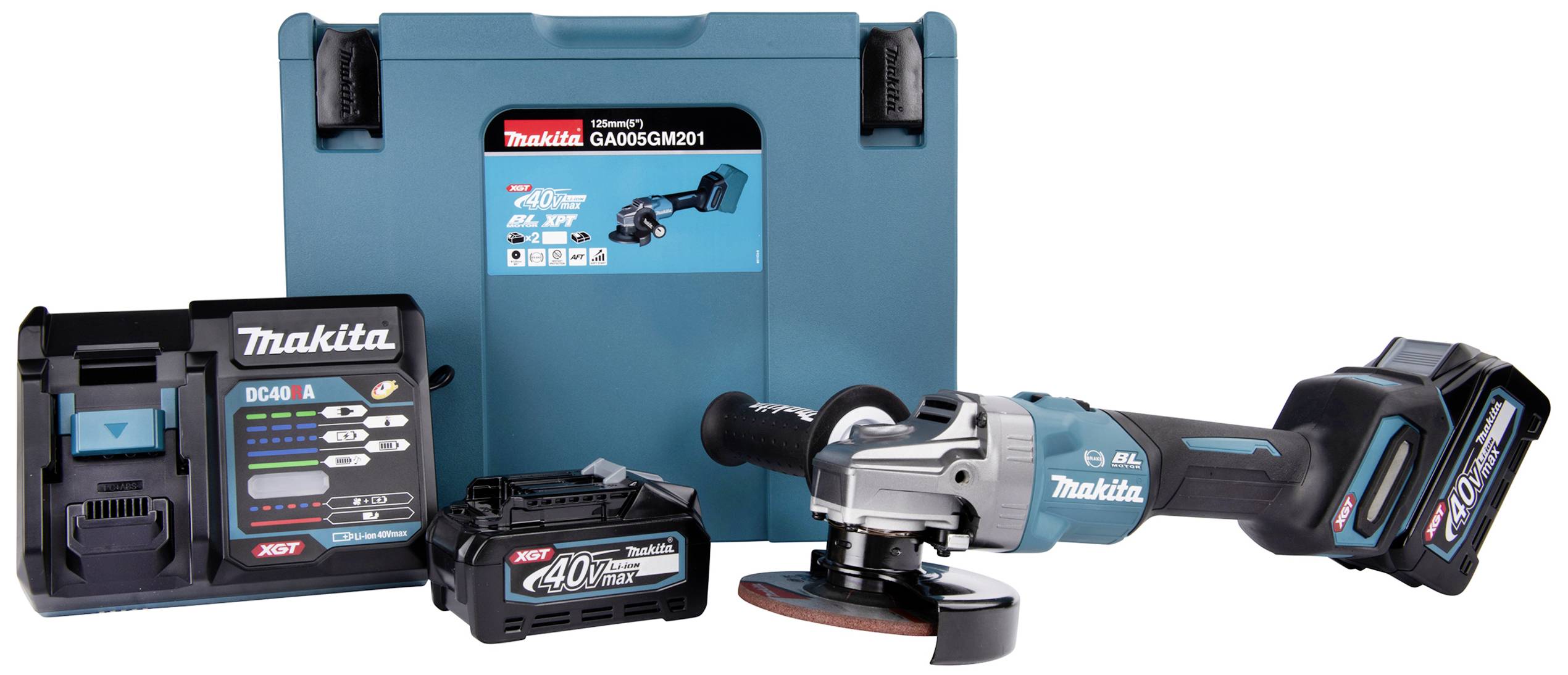 Makita Akku-Winkelschleifer-Set: enthält Winkelschleifer, Ladegerät, Akku, Koffer. Ideal für kabellose Schneid- und Schleifarbeiten.