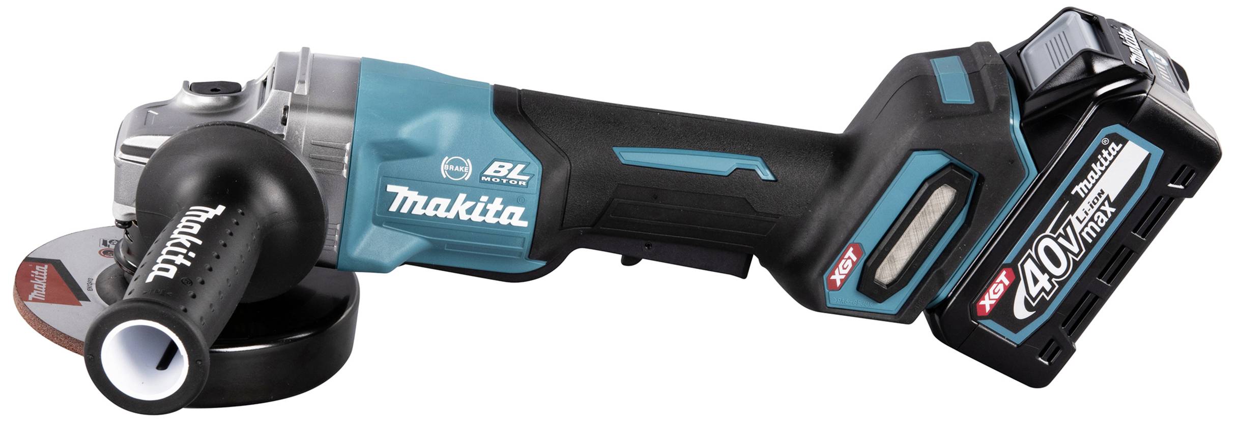 Akkubetriebener Winkelschleifer der Marke Makita mit blau-schwarzem Gehäuse und eingesetztem Akku auf der rechten Seite.