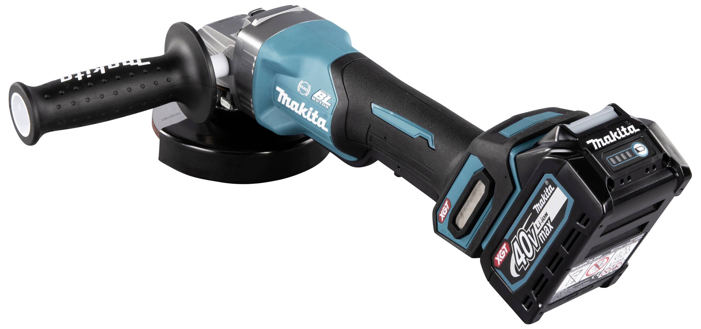 Akkubetriebener Winkelschleifer mit blau-schwarzem Gehäuse und ergonomischem Griff, geeignet zum Schleifen und Trennen von Materialien.