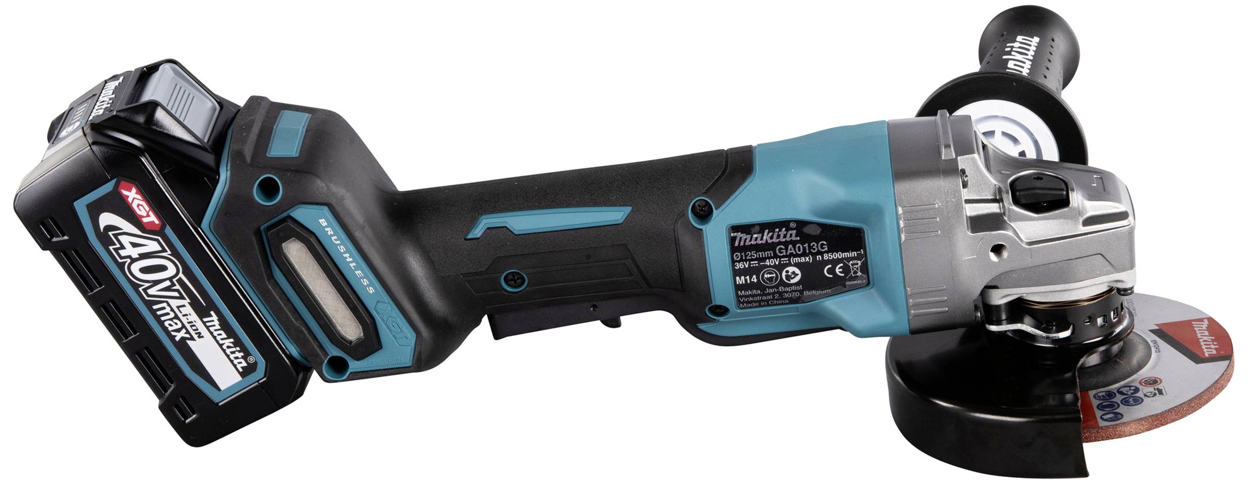 Kabelloser Winkelschleifer von Makita, 40V, mit Schleifscheibe und Griff, ideal für präzises Schneiden und Schleifen in Handwerksarbeiten.