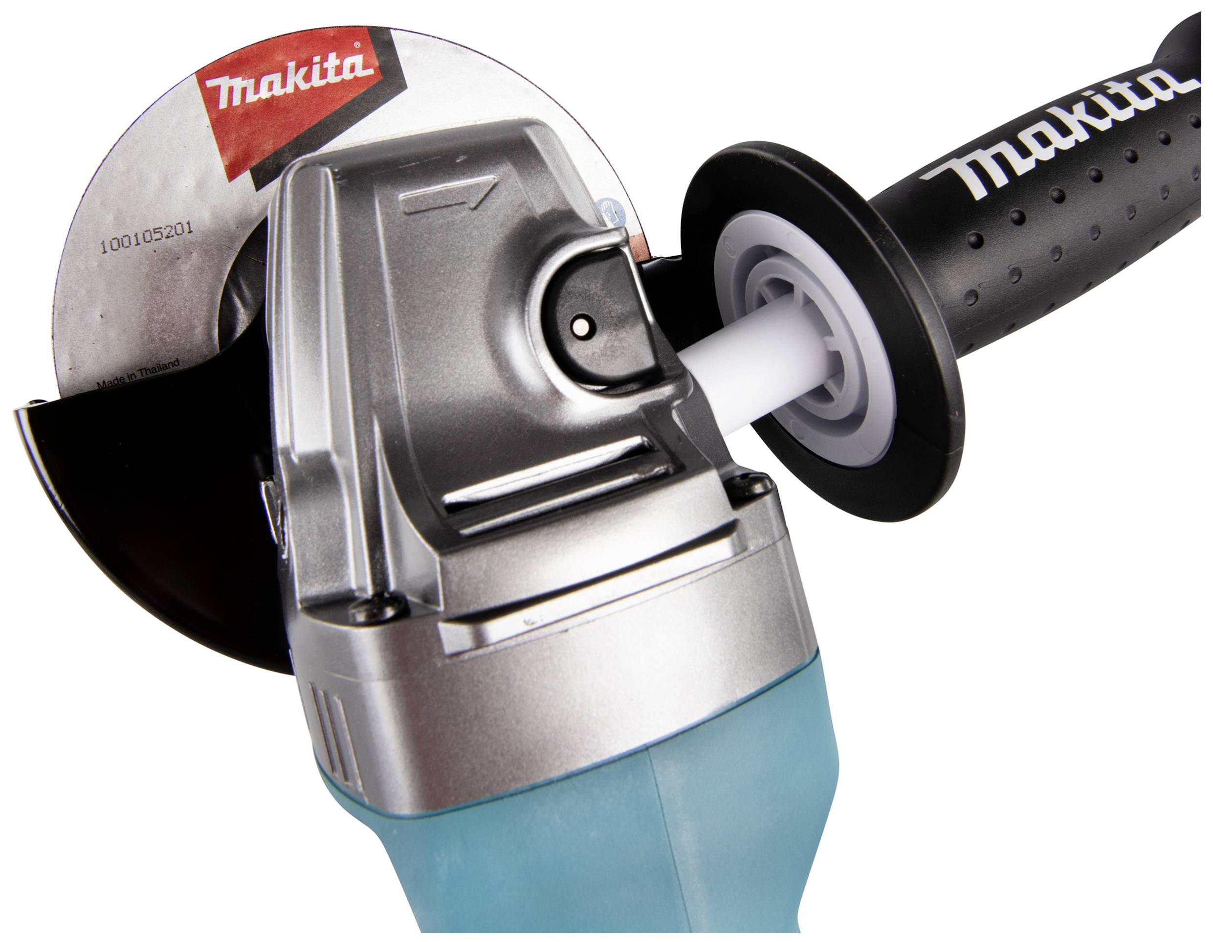 Nahaufnahme eines Winkelschleifers in Grau und Blau mit 'Makita'-Logo auf der Scheibe und dem Griff.