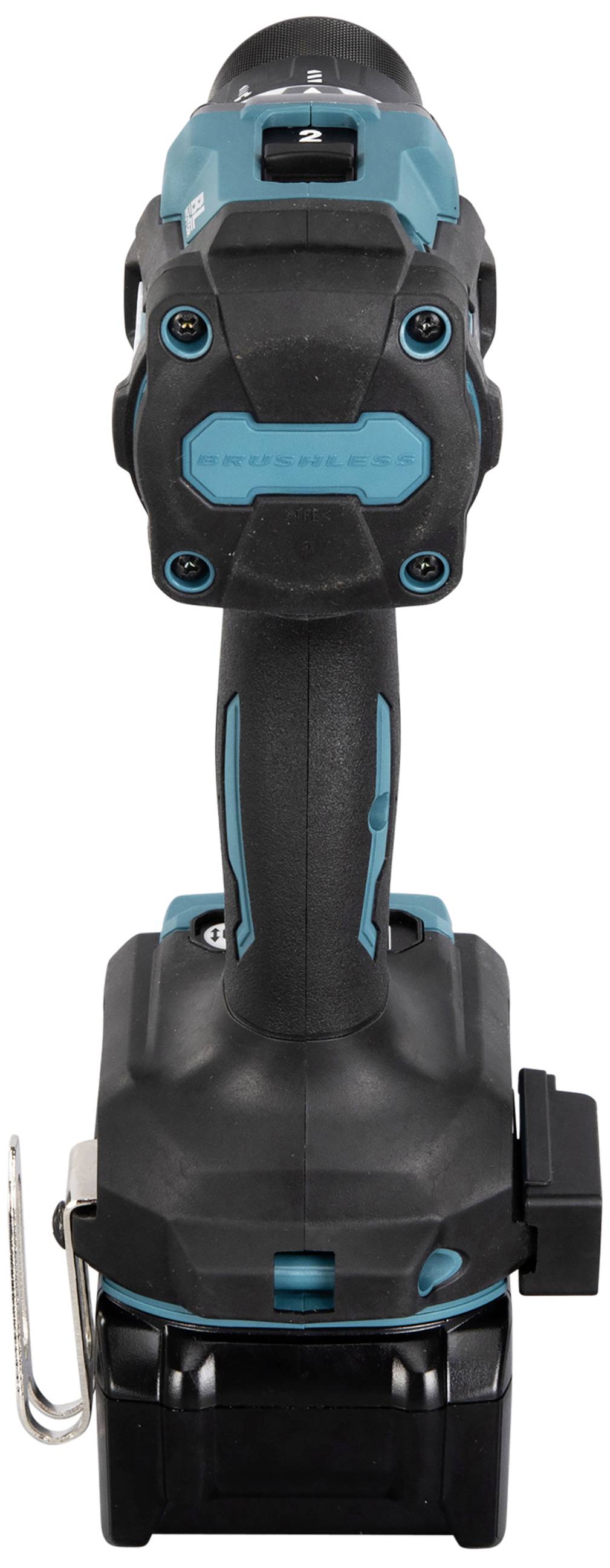 Akkubohrmaschine, frontalansicht. Schwarze und türkisfarbene Bauteile mit ergonomischem Griff. Keine spezifischen Markierungen sichtbar.