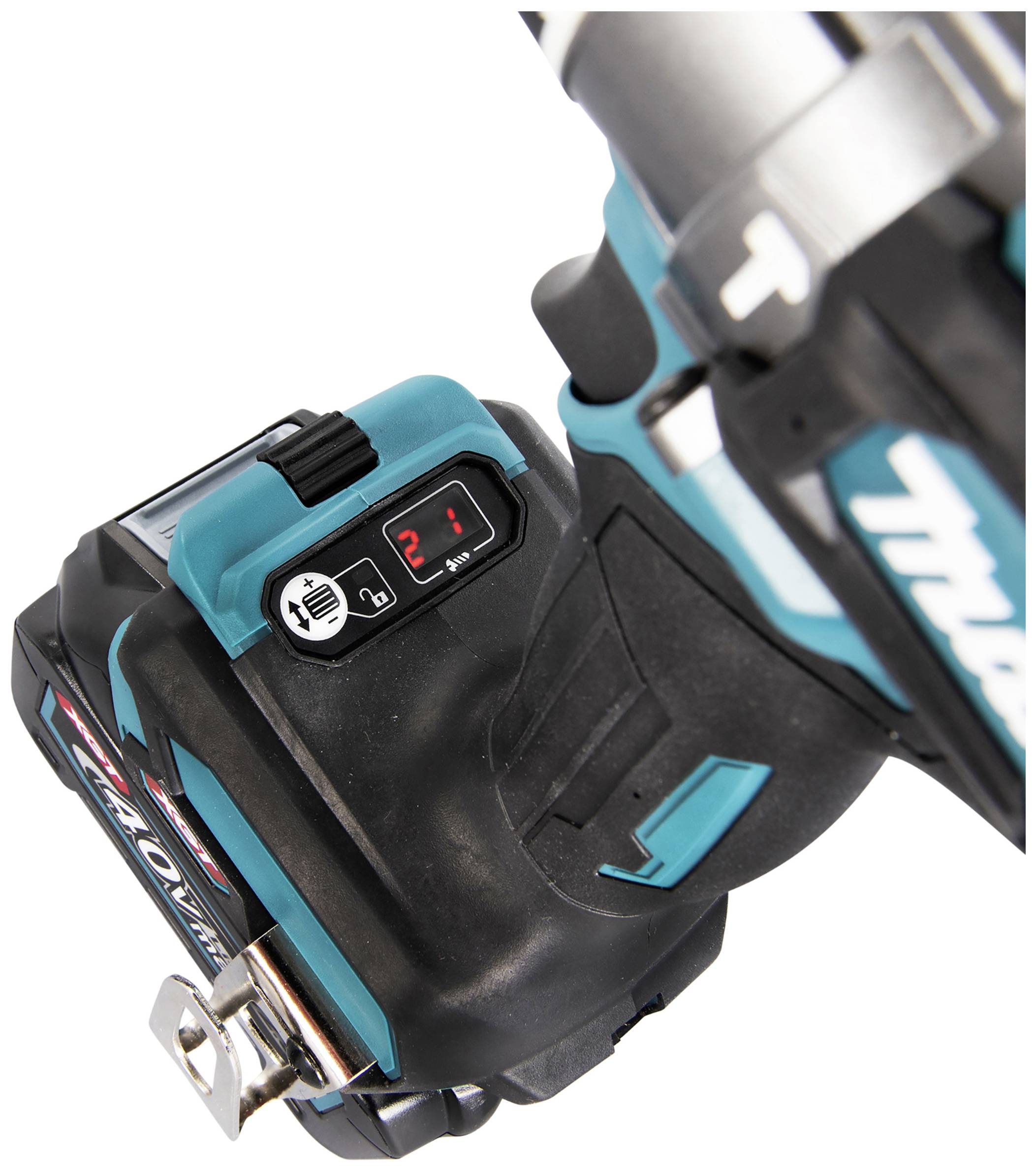 Kabellose Bohrmaschine mit Batteriestatusanzeige, zeigt '2' für volle Ladung. Hauptfarbe ist Türkis.