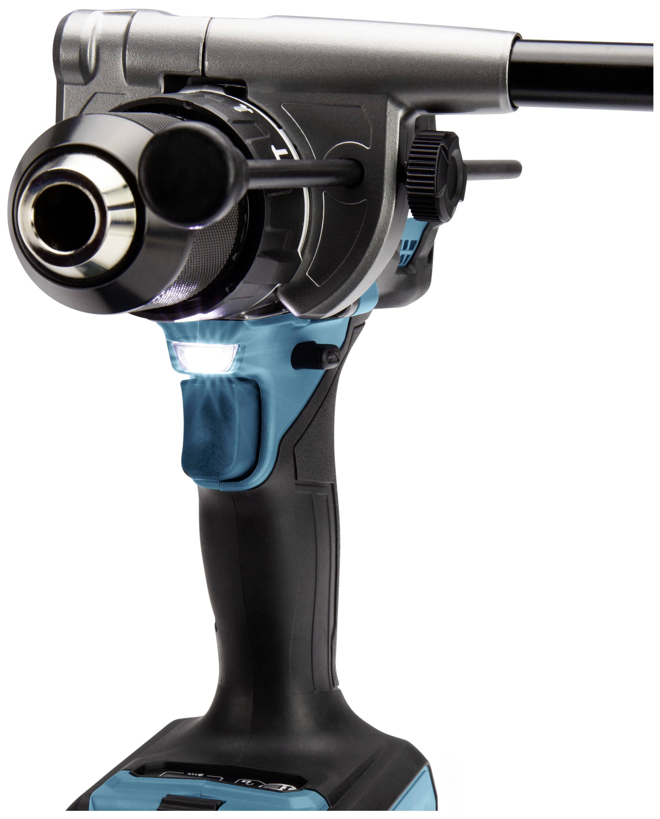 Ein Bohrhammer mit ergonomischem Griff, blau-schwarzem Gehäuse und eingebautem LED-Licht für bessere Sicht beim Arbeiten.