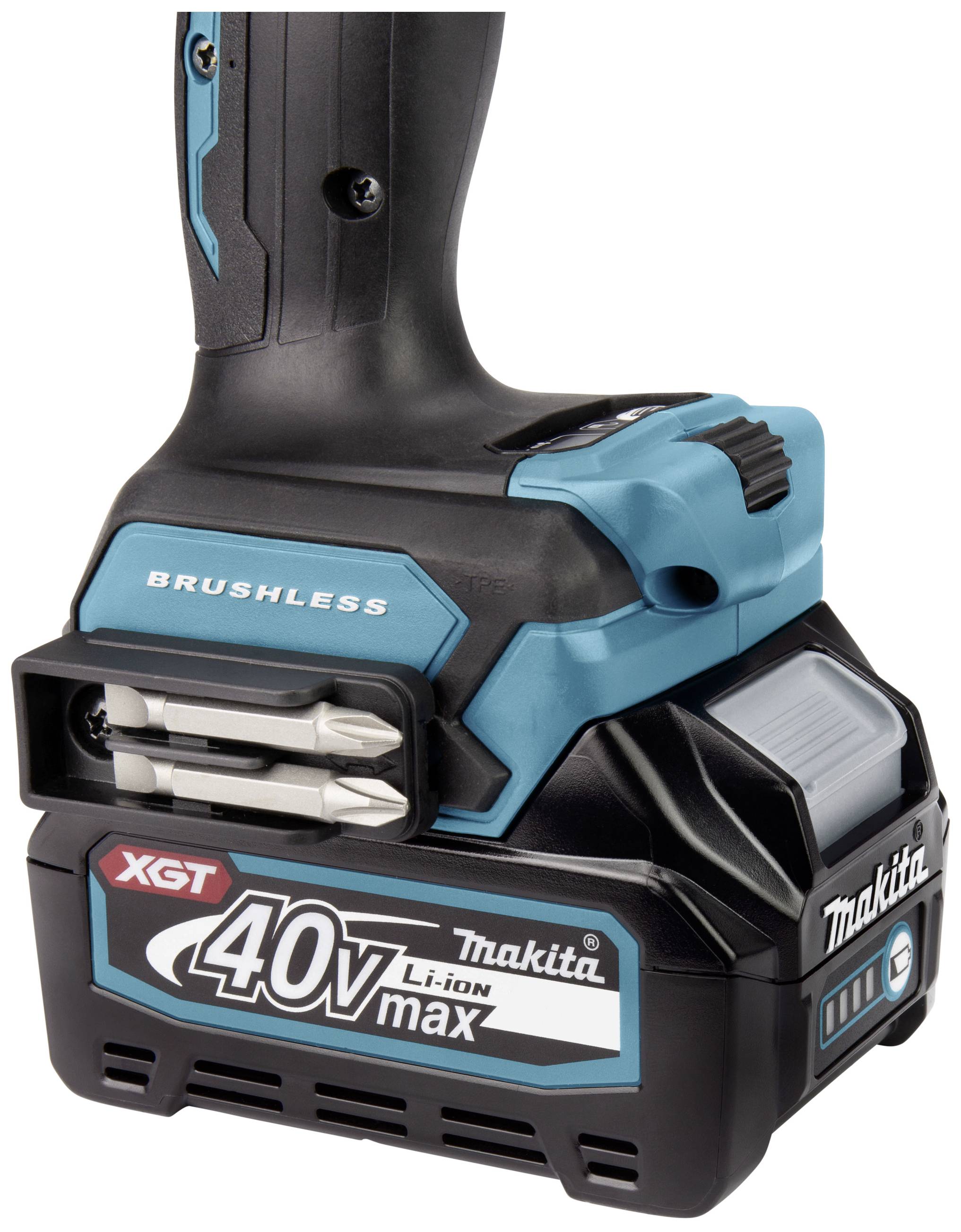 Akkuschrauber mit 'Makita' Logo, zeigt '40V max' und 'Brushless', betont leistungsstarke, kabellose Technik für Heim- und Profiwerkzeuge.