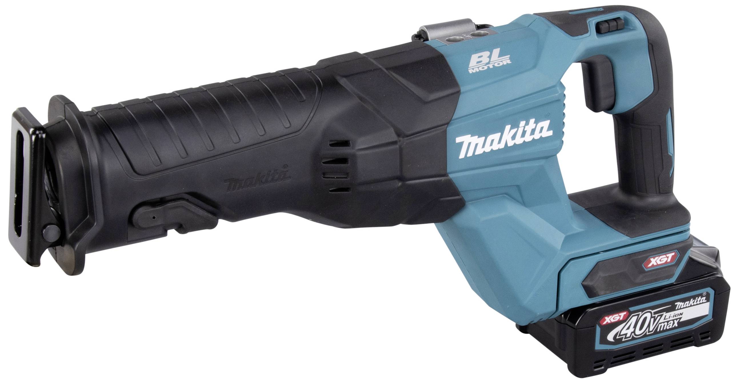 Elektrische Säbelsäge in Schwarz und Blau, hergestellt von Makita. Markant durch den ergonomischen Griff und XGT 40V Akku.