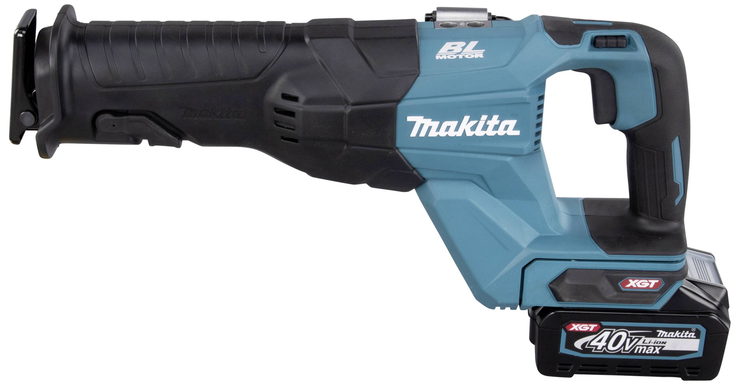 Eine blaue und schwarze Makita Akku-Säbelsäge mit einem 40V Akku. Sie hat einen ergonomischen Griff und ein robustes Design.
