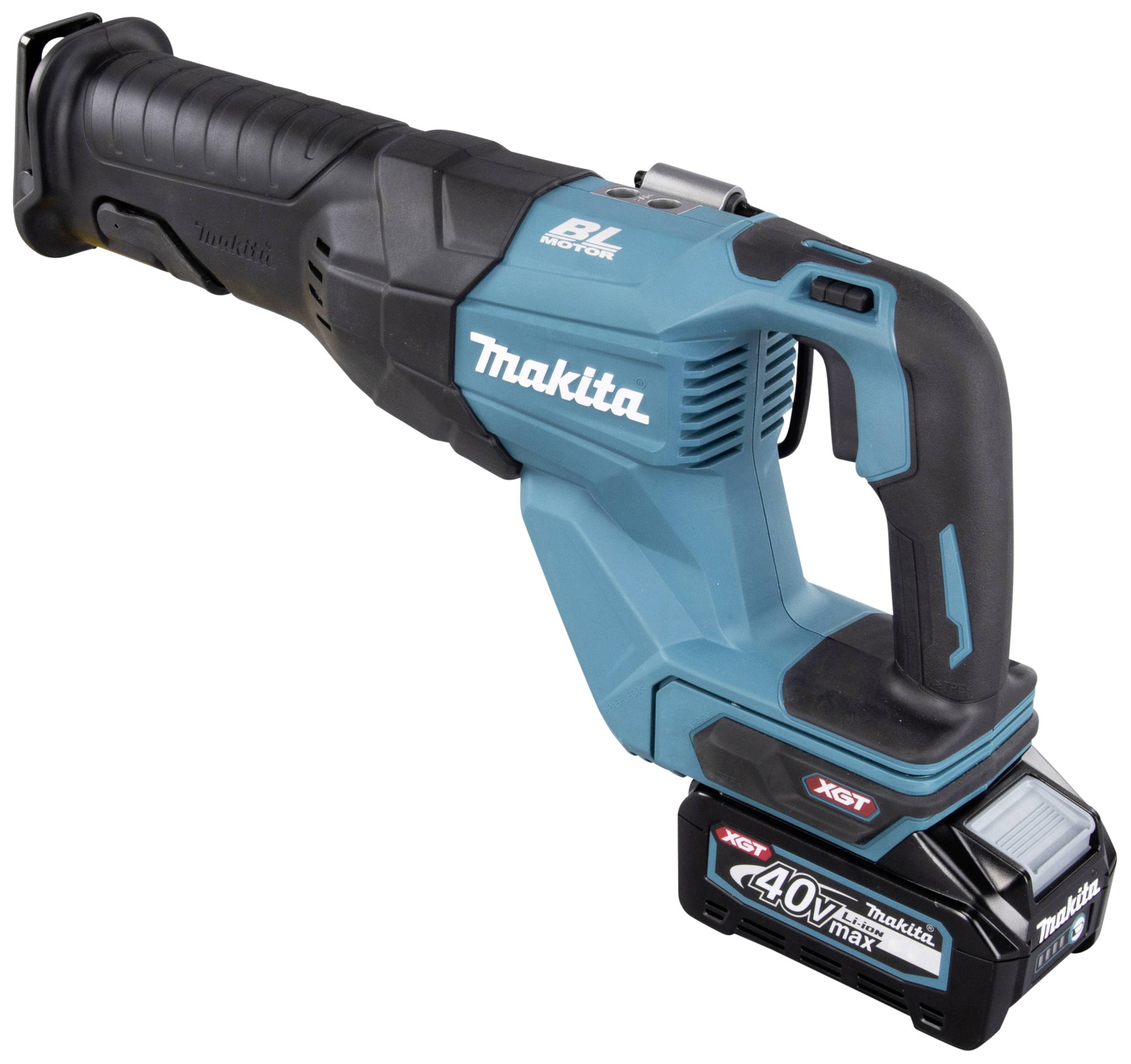 Akkubetriebene Elektrosäbelsäge mit blau-schwarzem Gehäuse. Modell 'Makita'. Akkufach am Ende, ergonomischer Griff, kompakt designt.