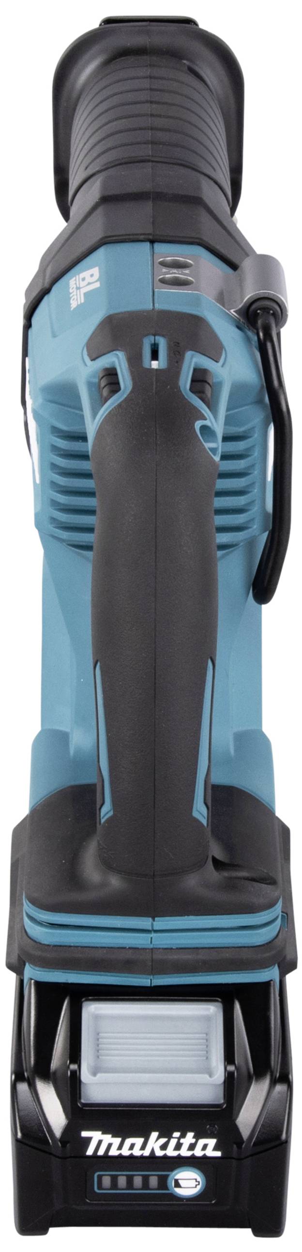 Ein blau-schwarzes Akku-Säbelsägewerkzeug von Makita, vertikal ausgerichtet, mit ergonomischem Griff und Akkupack unten.
