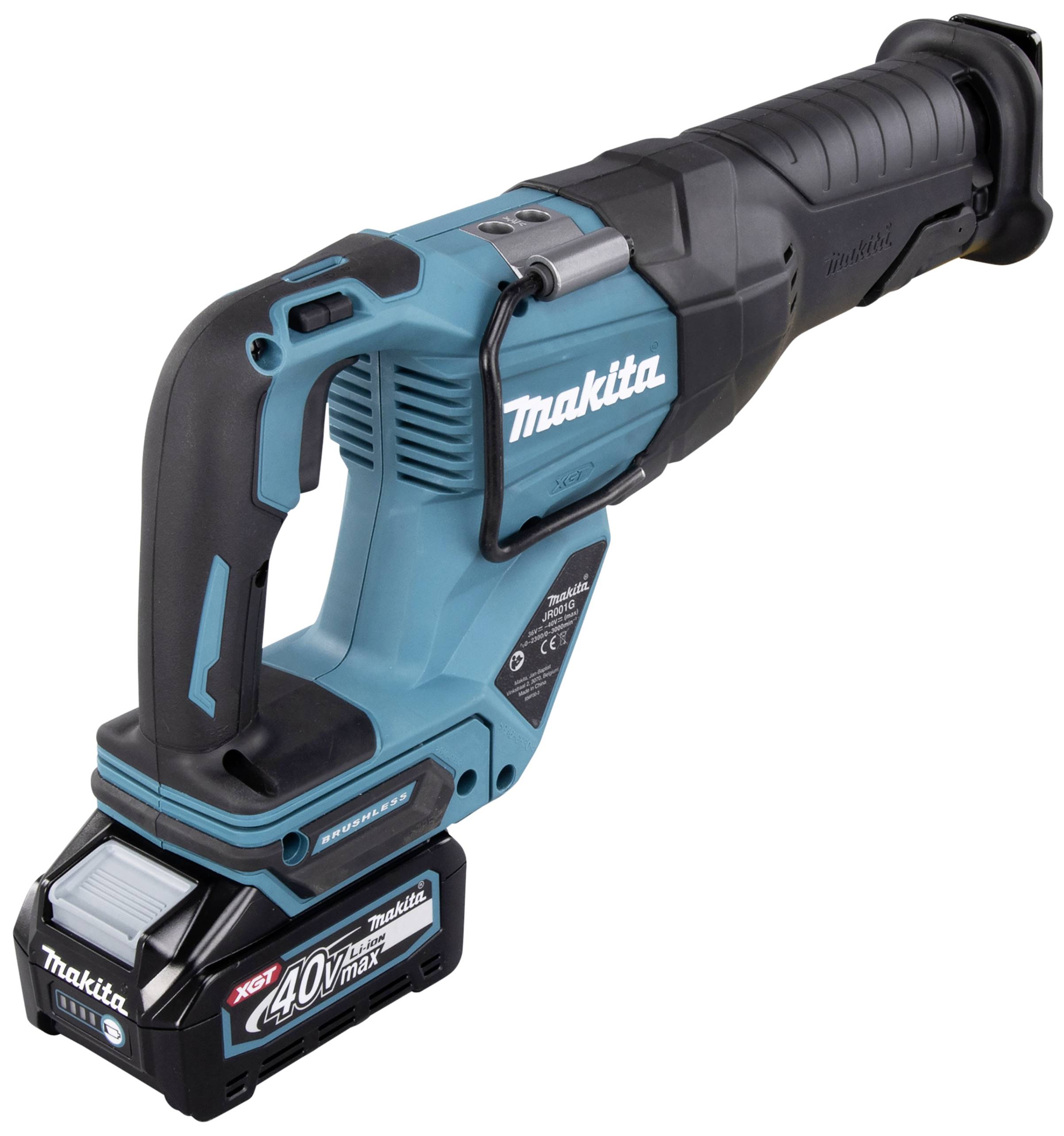 Eine blaue und schwarze kabellose Makita Säge mit einem 40V-Akku. Geeignet für verschiedene Schneidanwendungen.