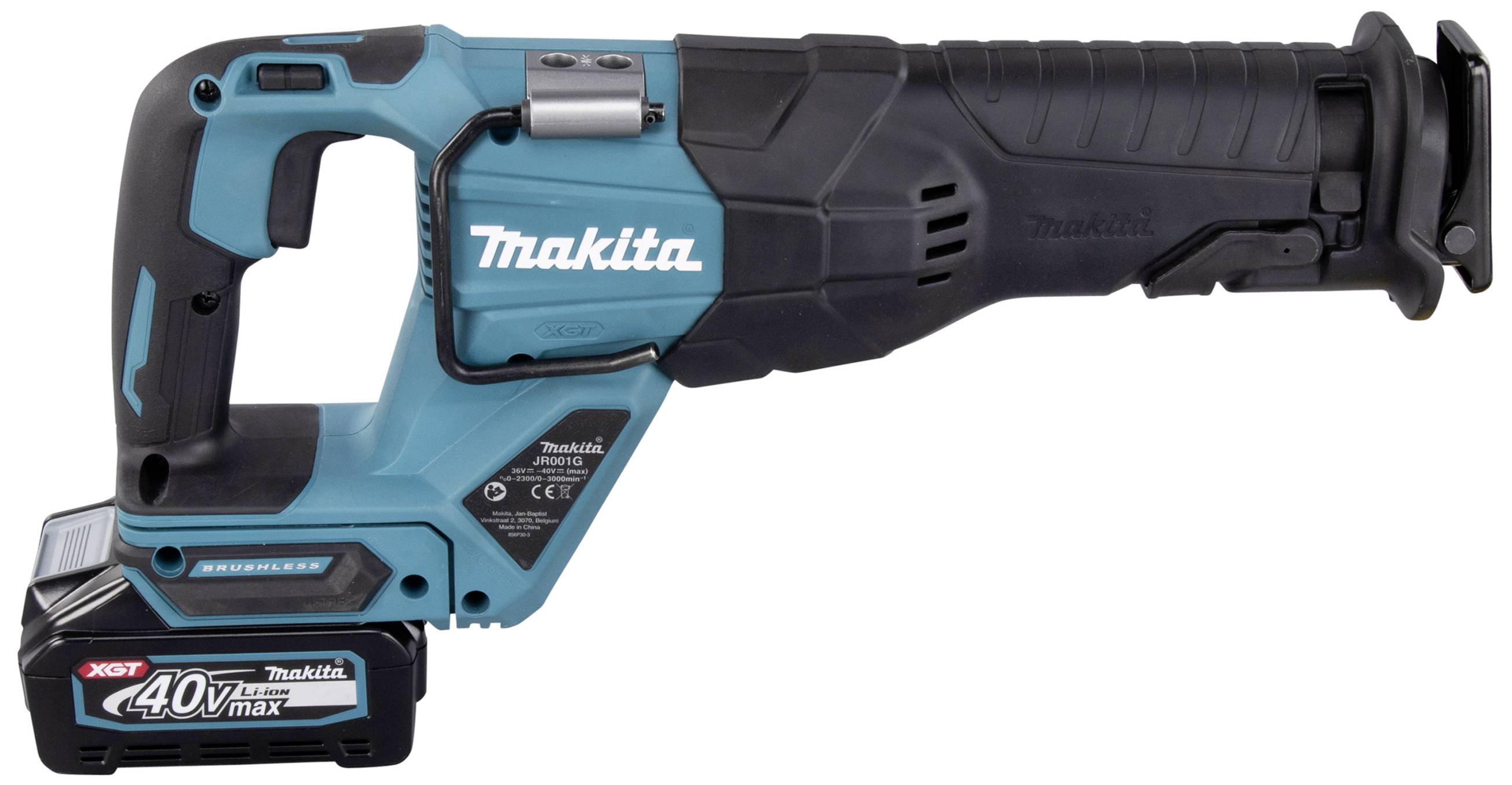 Akku-Säbelsäge in Türkis und Schwarz mit 40V-Lithium-Ionen-Akku, geeignet für Metall- und Holzarbeiten.