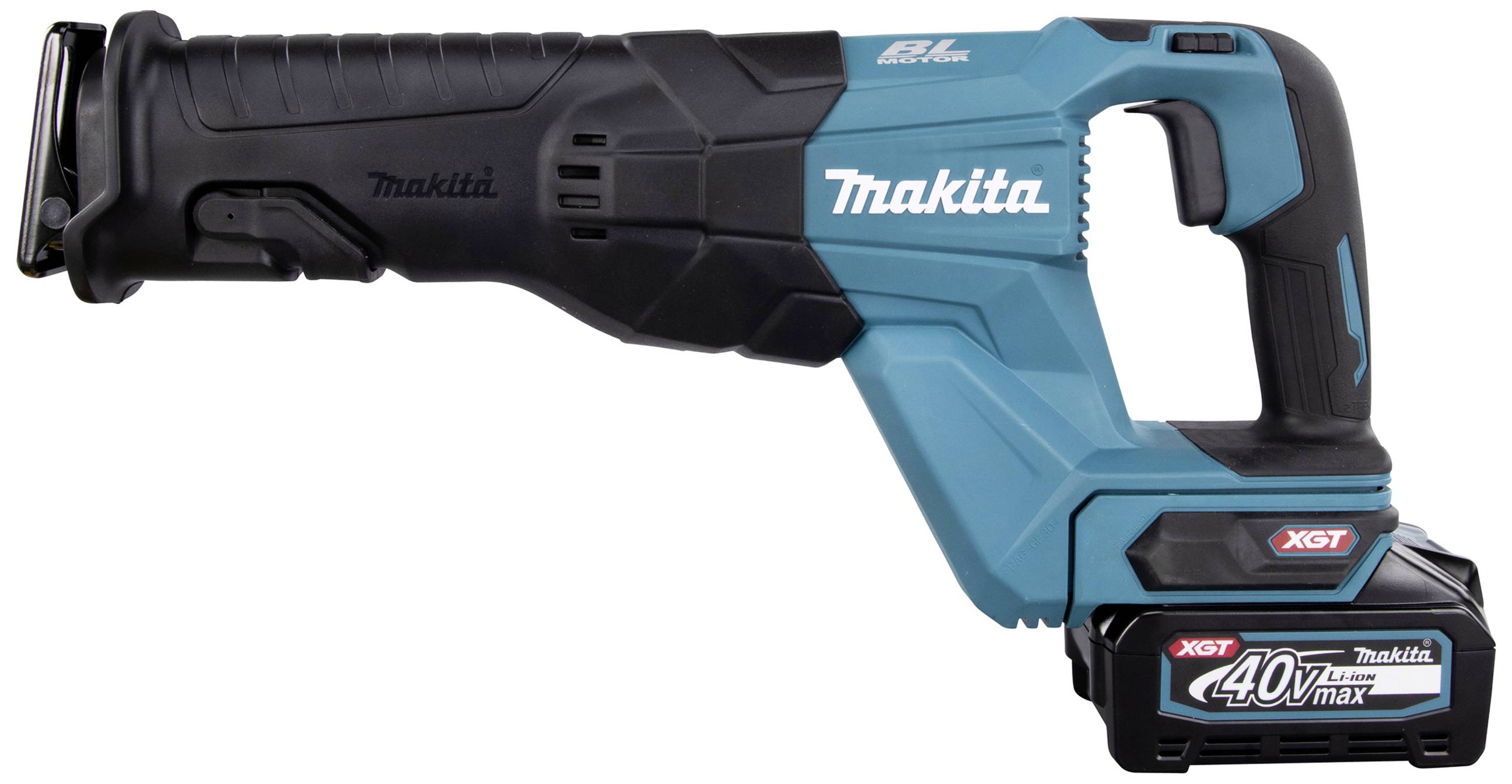 Eine blaue und schwarze kabellose Makita Reciprosäge mit 40V Akku, linksseitig abgebildet, für kraftvolle Sägearbeiten.