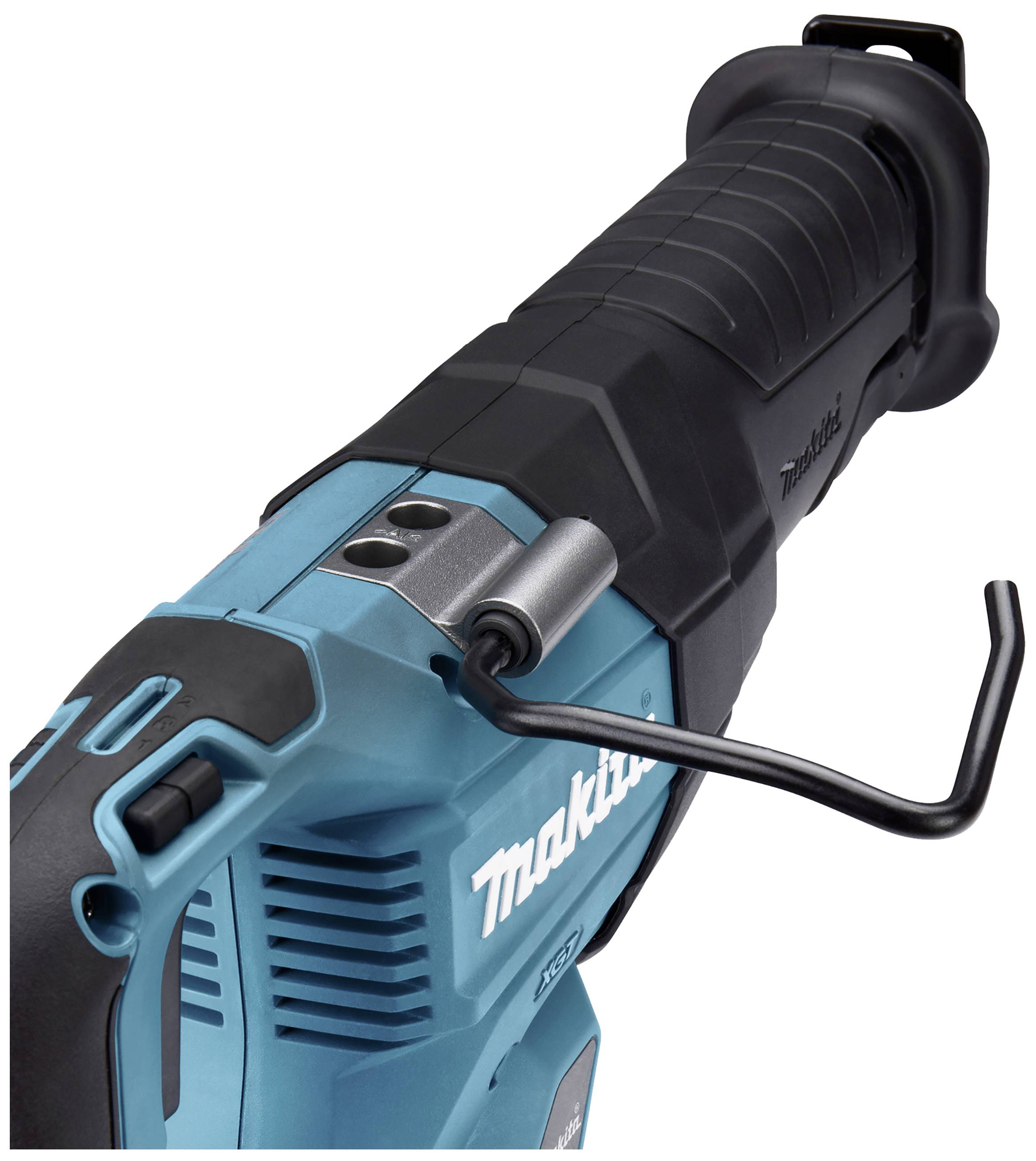 Ein blau-schwarzes Elektrowerkzeug mit Griff und Auslöser, möglicherweise eine Säbelsäge, mit dem Markennamen auf der Seite.