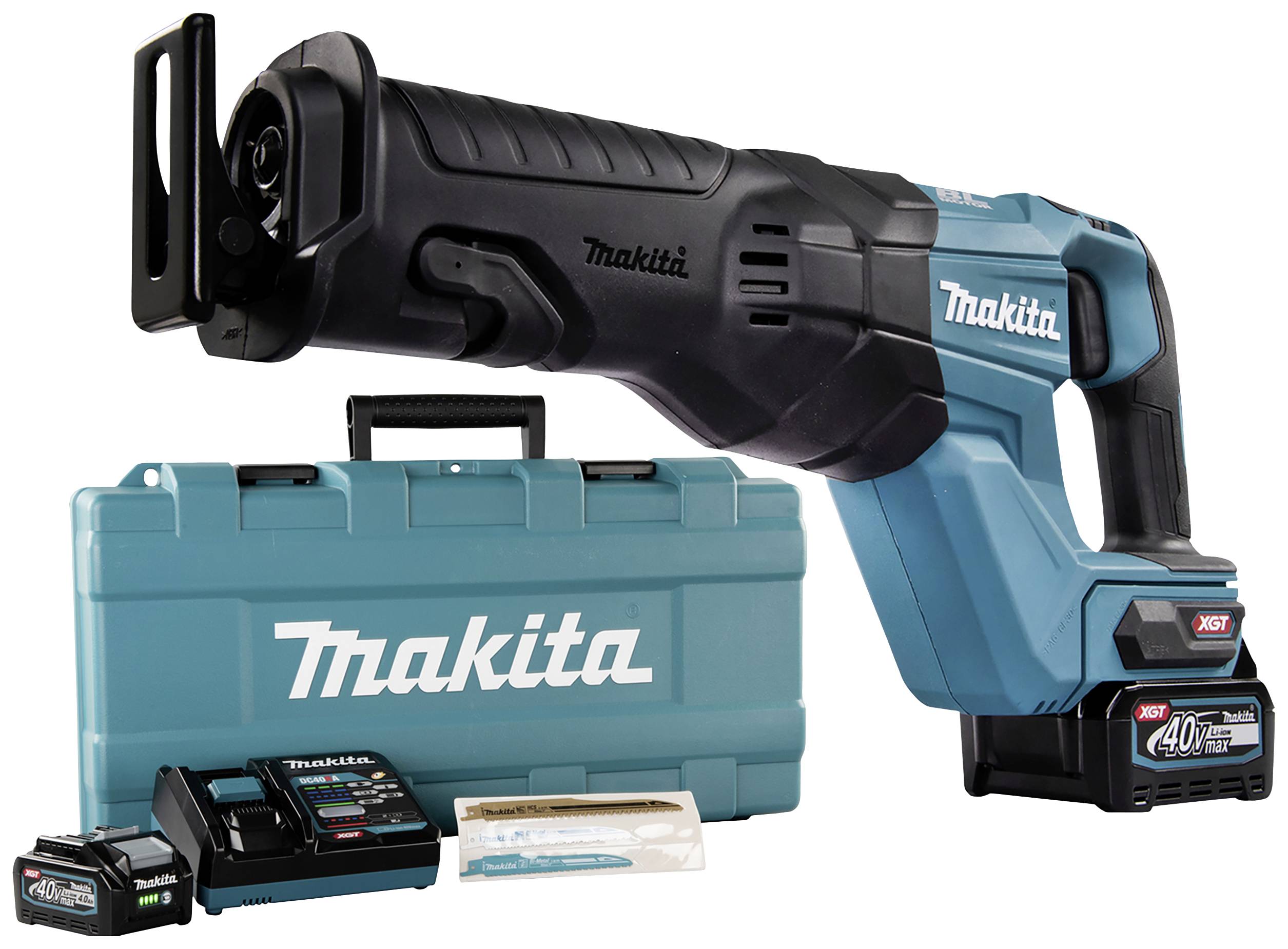Akku-Säbelsäge von Makita mit blauem Gehäuse, 40V-Akku und Ladegerät. Enthalten ist ein passender Transportkoffer.