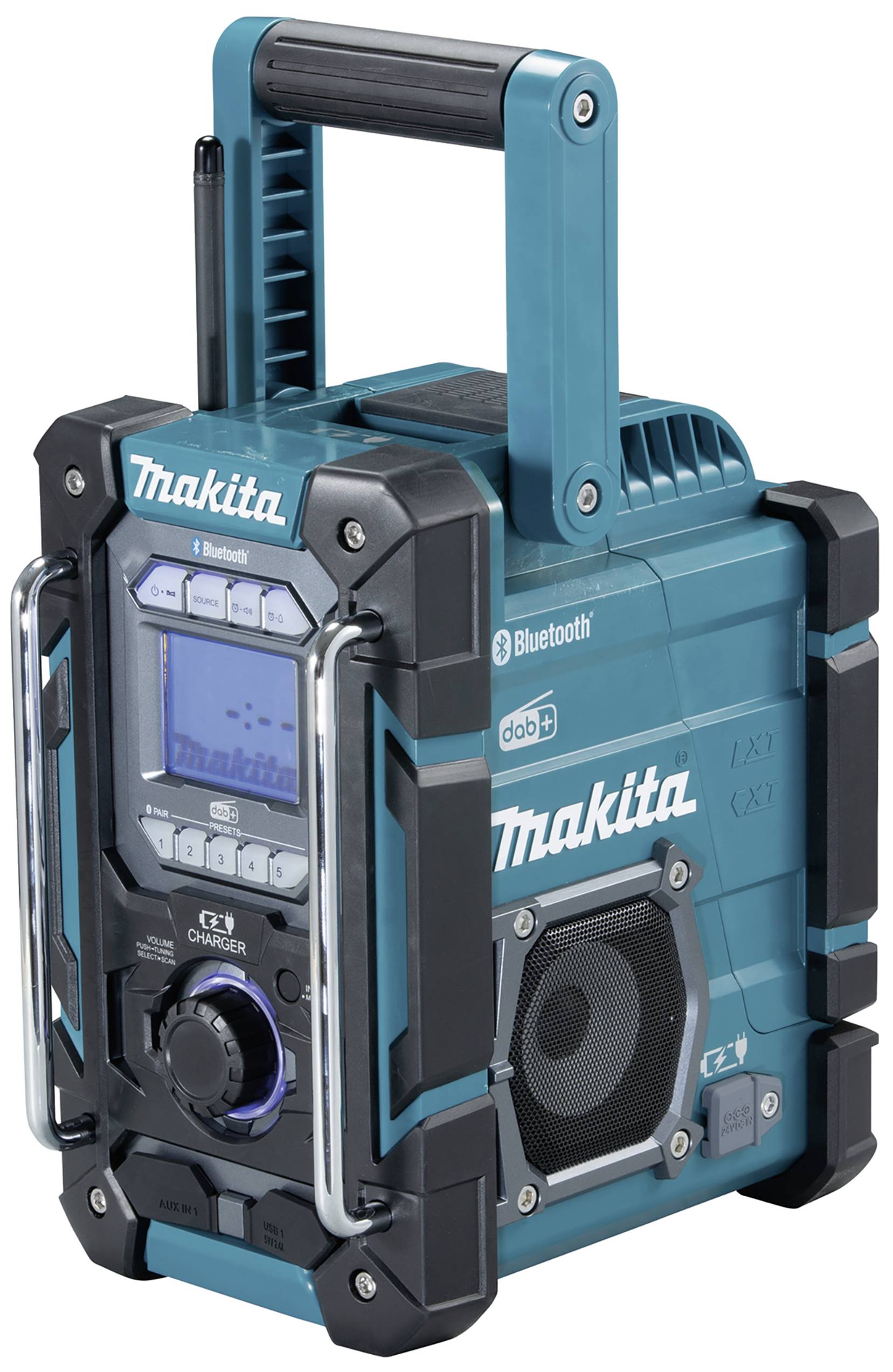 Ein tragbares Makita-Radio mit Bluetooth, robustem Design, Tragegriff und digitalen Bedienelementen, ideal für Baustellen.