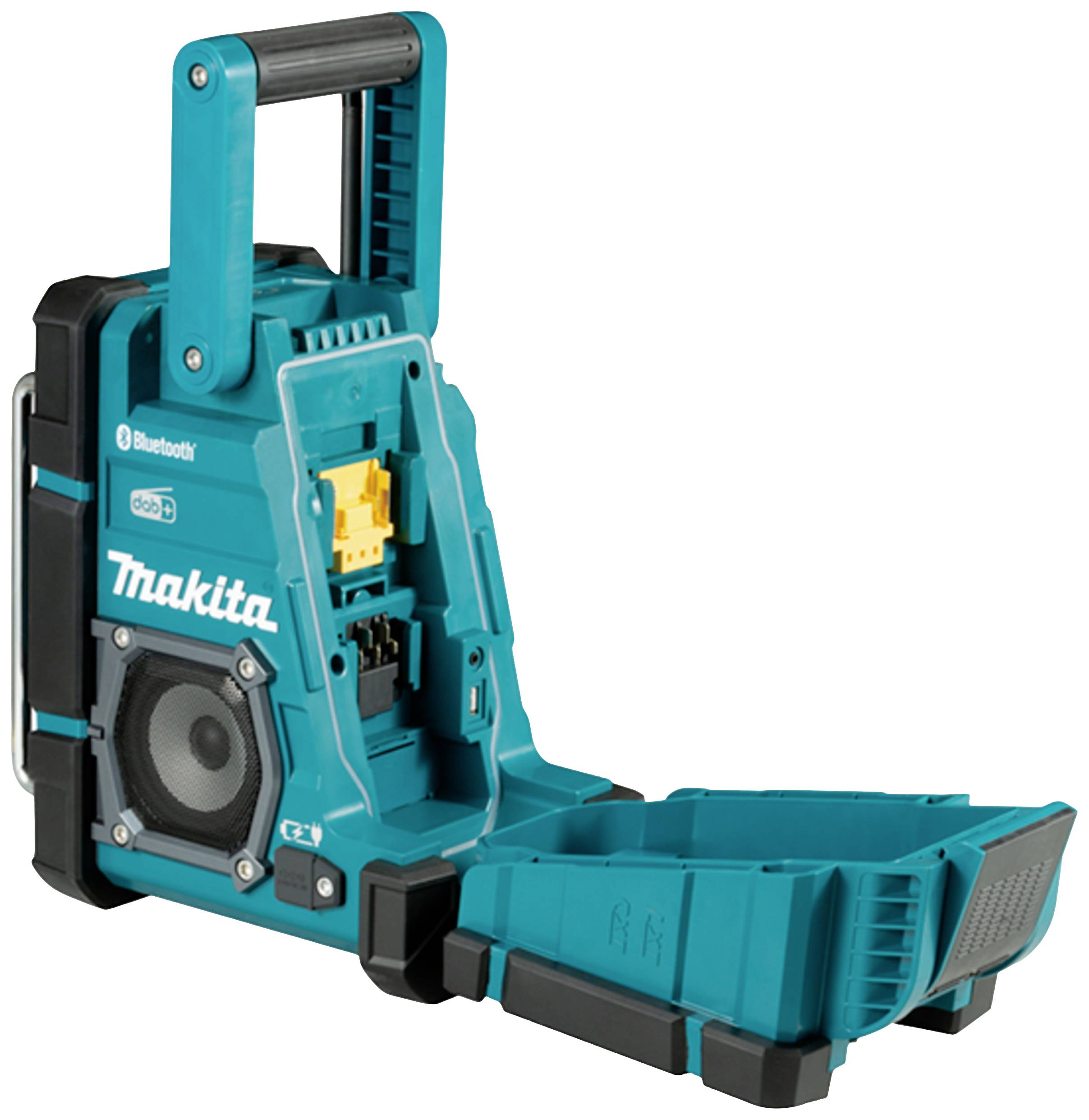 Blauer tragbarer Bluetooth-Lautsprecher von Makita mit robustem Design, ausgeklapptem Griff und sichtbarem Lautsprecher.