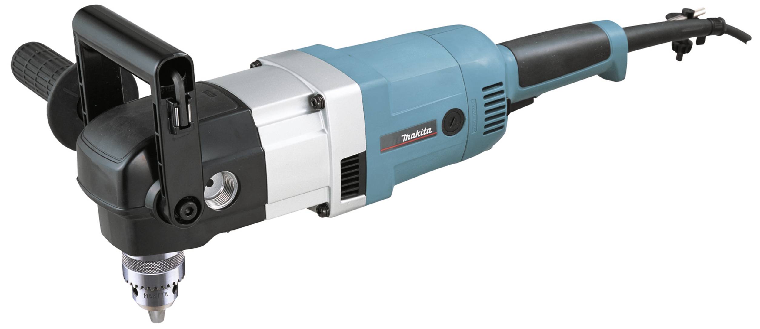 Bohrmaschine mit blauem Gehäuse und schwarzem Griff, geeignet für schwere Arbeiten; elektrisches Kabel ragt nach hinten heraus.