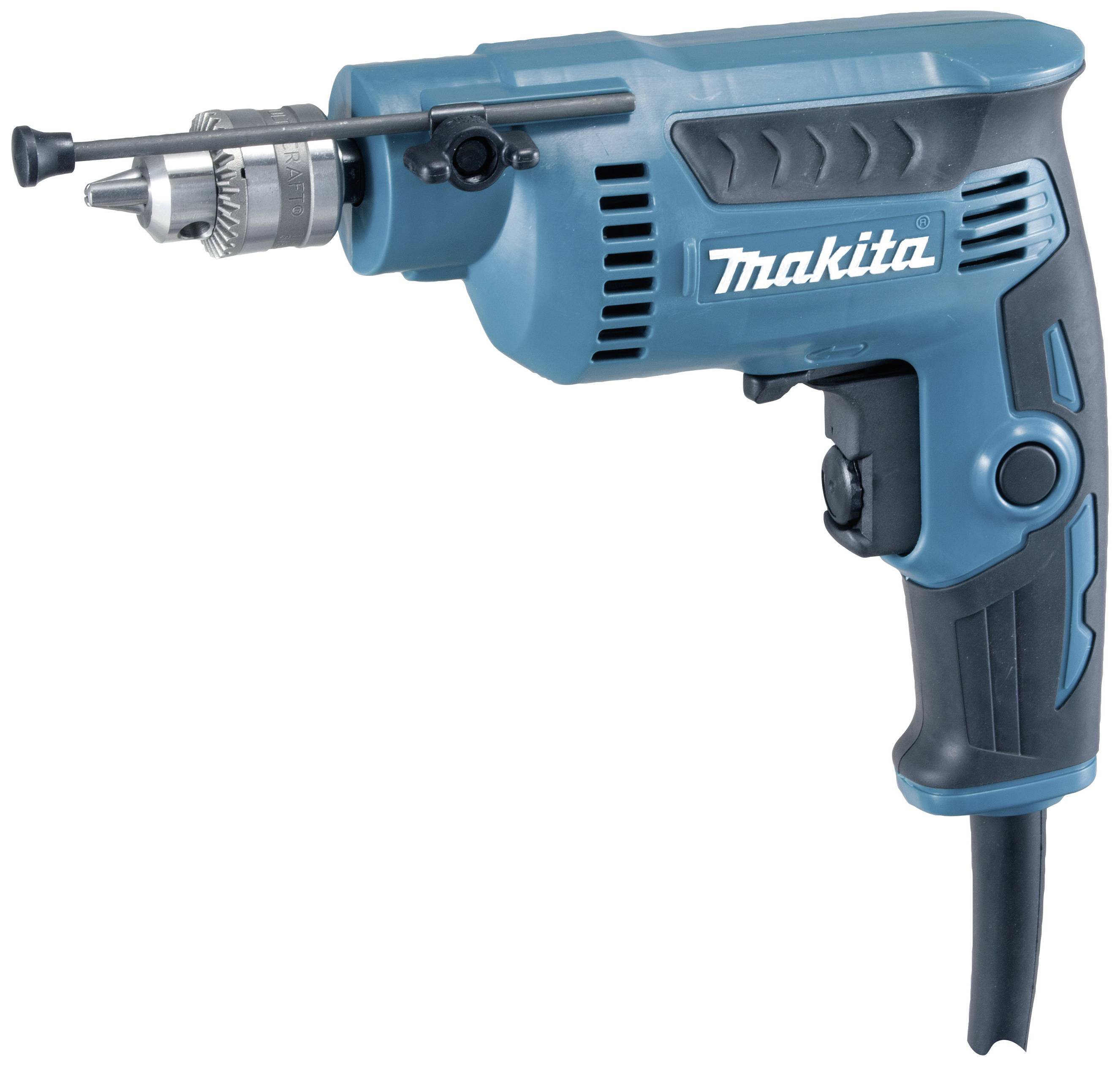 Eine blaue elektrische Bohrmaschine von Makita mit einem schwarzen Griff und einem Bohrfutter für verschiedene Bohrergrößen.