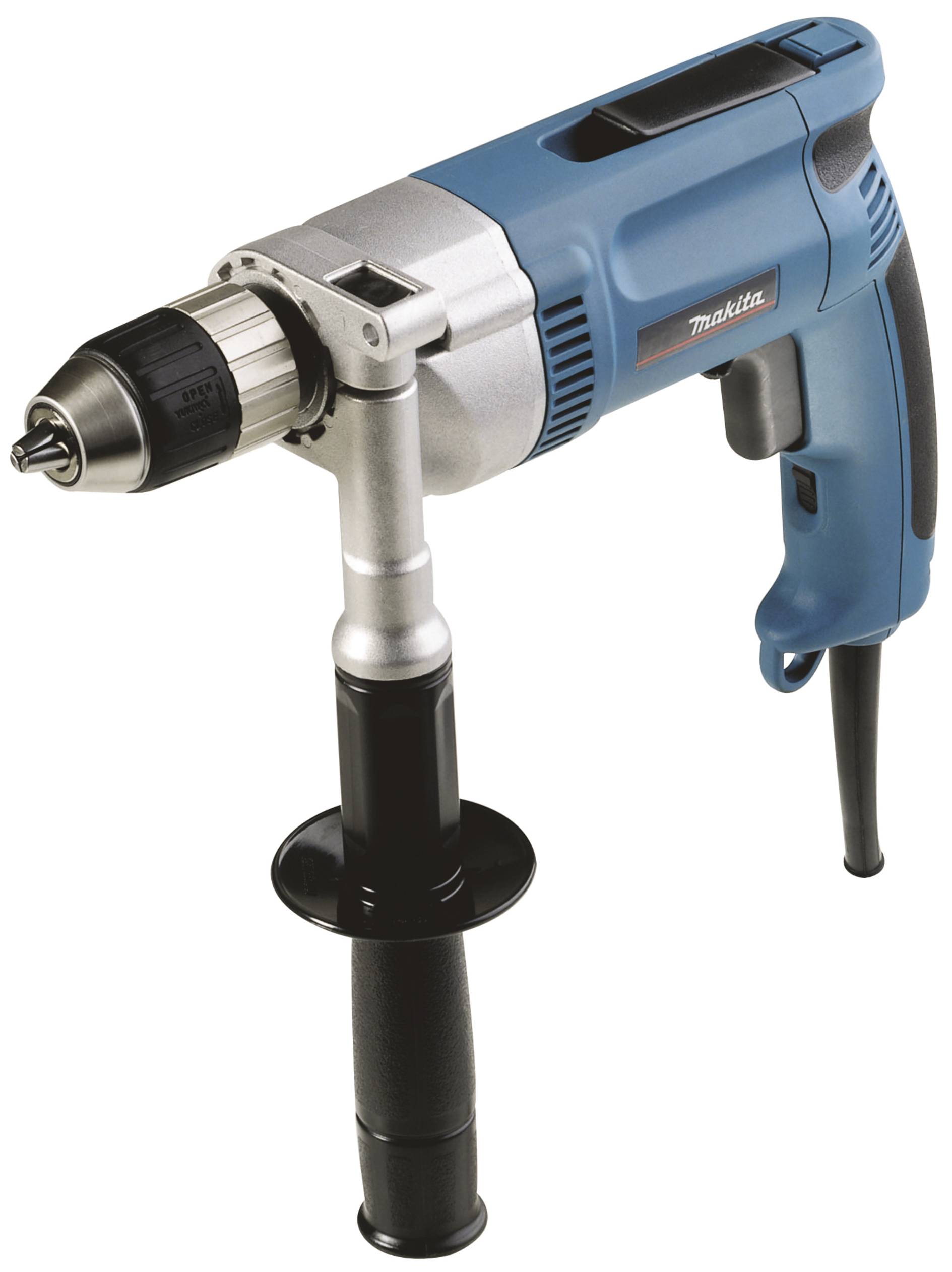 Eine blaue und silberne elektrische Bohrmaschine mit einem schwarzen Griff. Sie ist aufrecht positioniert und zeigt die Bohrerspitze nach vorne.