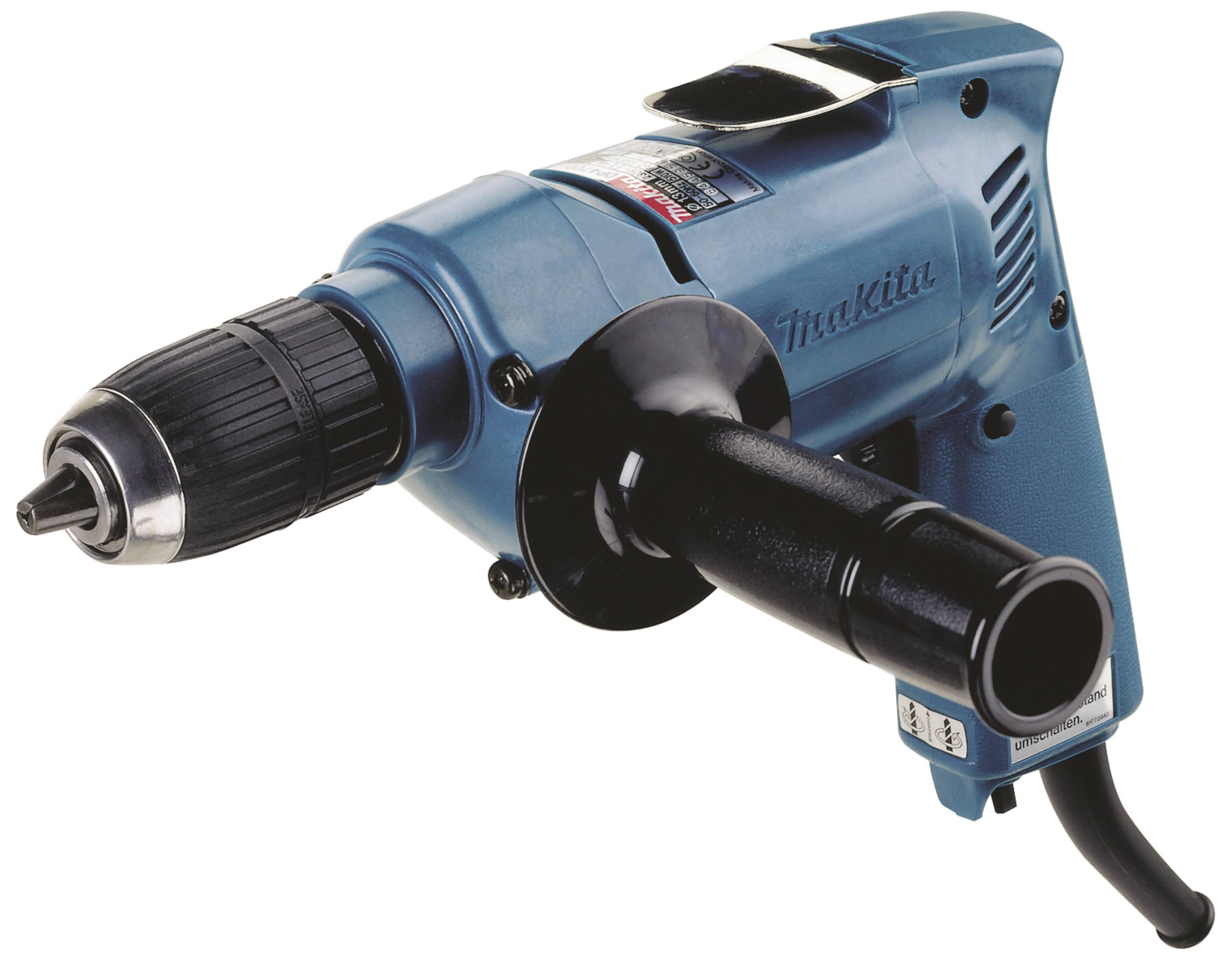 Elektrische Bohrmaschine in Blau mit schwarzem Griff und Bohrfutter, geeignet für Heimwerkerarbeiten.