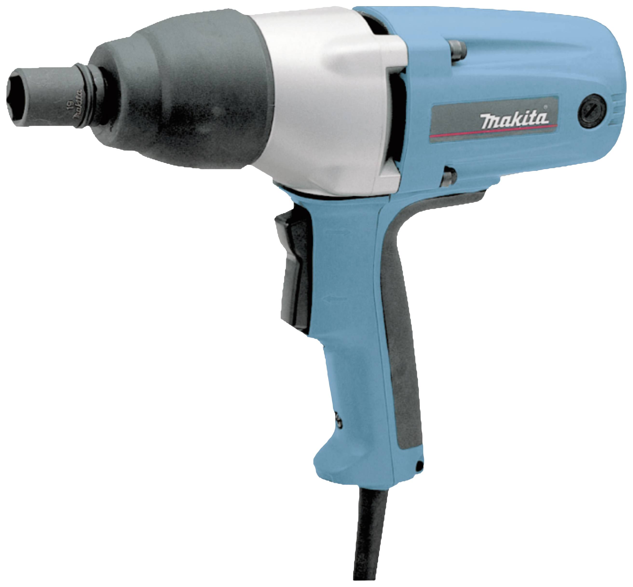 Ein blauer und schwarzer Elektro-Schlagschrauber von der Marke Makita mit einem ergonomischen Griff, geeignet für Werkstattarbeiten.