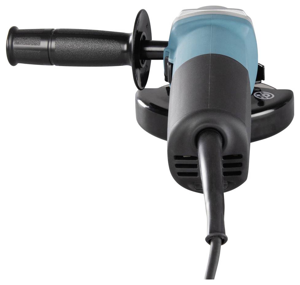 Eine blaue und schwarze Winkelschleifer mit Seitengriff und Netzkabel, von hinten gesehen.