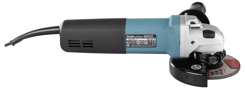 Ein Winkelschleifer mit blauem Gehäuse und schwarzem Griff, verwendet zum Schneiden, Schleifen und Polieren von Oberflächen.