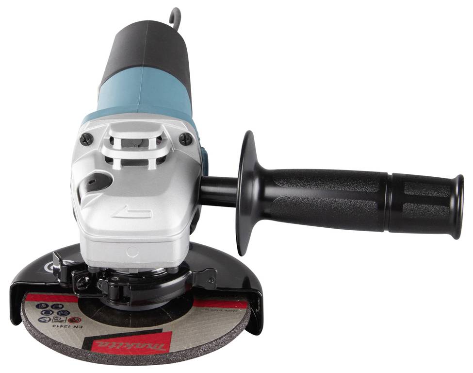 Eine tragbare elektrische Winkelschleifer mit Seitengriff und sichtbarer rotierender Scheibe, die zum Schneiden, Schleifen und Polieren von Materialien verwendet wird.