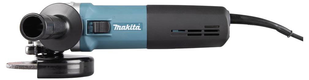 Eine elektrische Winkelschleifer mit einem blau-schwarzen Gehäuse, auf dem eine Trennscheibe zu sehen ist und der mit dem Markenlogo beschriftet ist.