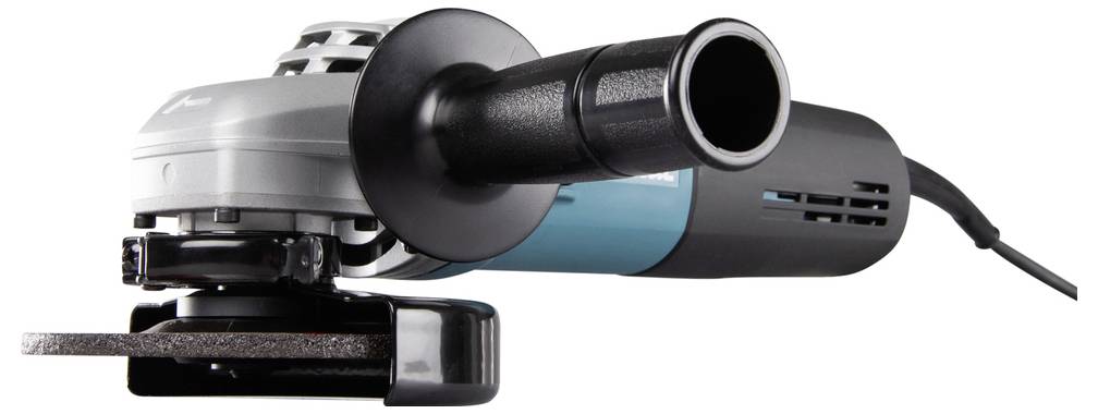 Eine elektrische Winkelschleifer mit schwarzem Griff und einer kreisförmigen Scheibe, verwendet zum Schleifen oder Schneiden von Metall und anderen Materialien.