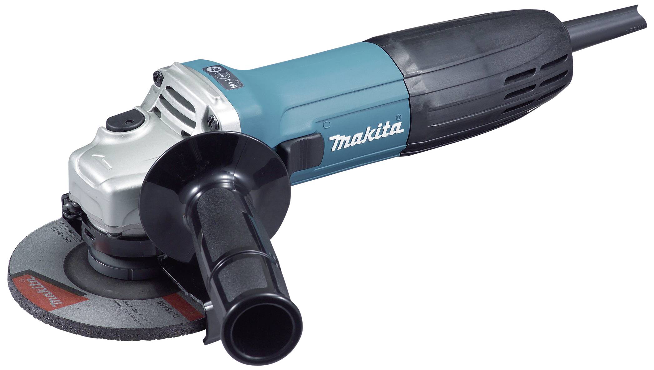 Ein elektrischer Winkelschleifer der Marke Makita mit einem blauen Gehäuse und schwarzem Griff, verwendet zum Schleifen oder Schneiden.