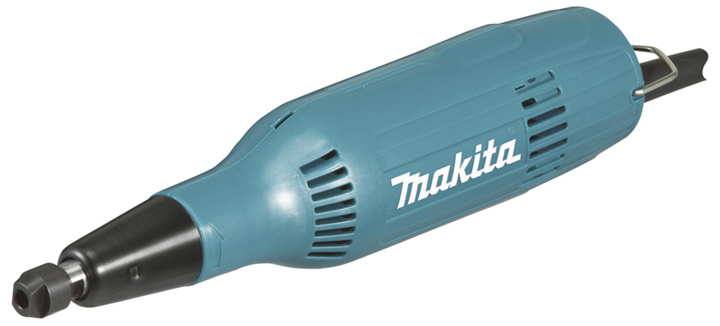 Ein blauer Elektroschleifer der Marke Makita, zylindrische Form mit schwarzem Klemmsystem vorne, liegt waagerecht.