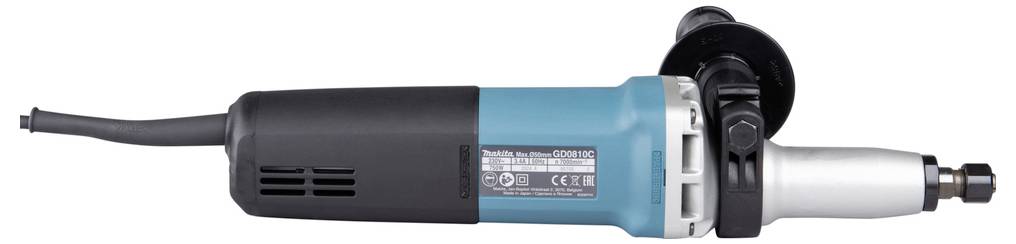 Eine blaue und schwarze Werkzeugmaschine mit einem Metallkopf, die üblicherweise zum Schleifen oder Polieren verwendet wird. Sie verfügt über einen verstellbaren Griff zur Steuerung.