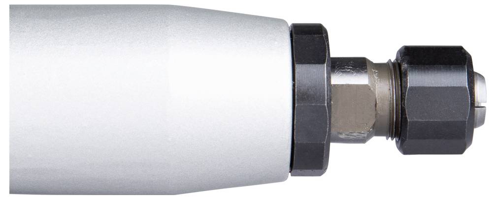 Nahaufnahme einer mechanischen Komponente mit einer zylindrischen Metallstange, an deren einem Ende eine sechseckige Mutter und eine Verschraubung befestigt sind.