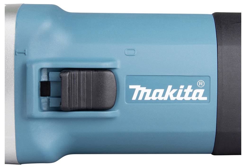 Eine Nahaufnahme einer blauen Makita-Taschenlampe, die das Markenlogo und einen schwarzen Schalter an der Seite zeigt und damit das Design und die Markierung veranschaulicht.